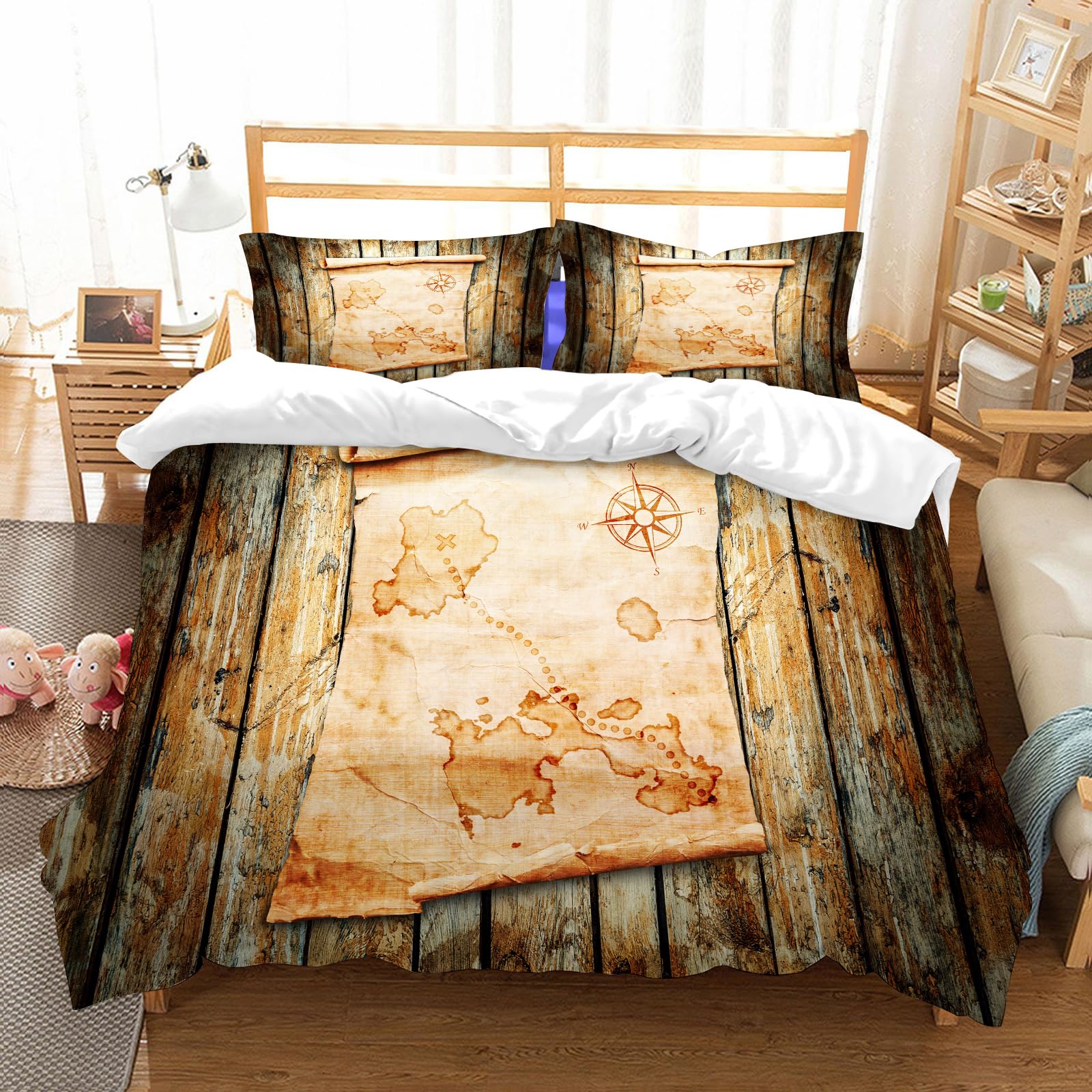 Linge de lit carte au trésor pirate 178x208cm avec 2 taies d'oreiller en microfibre de haute qualité