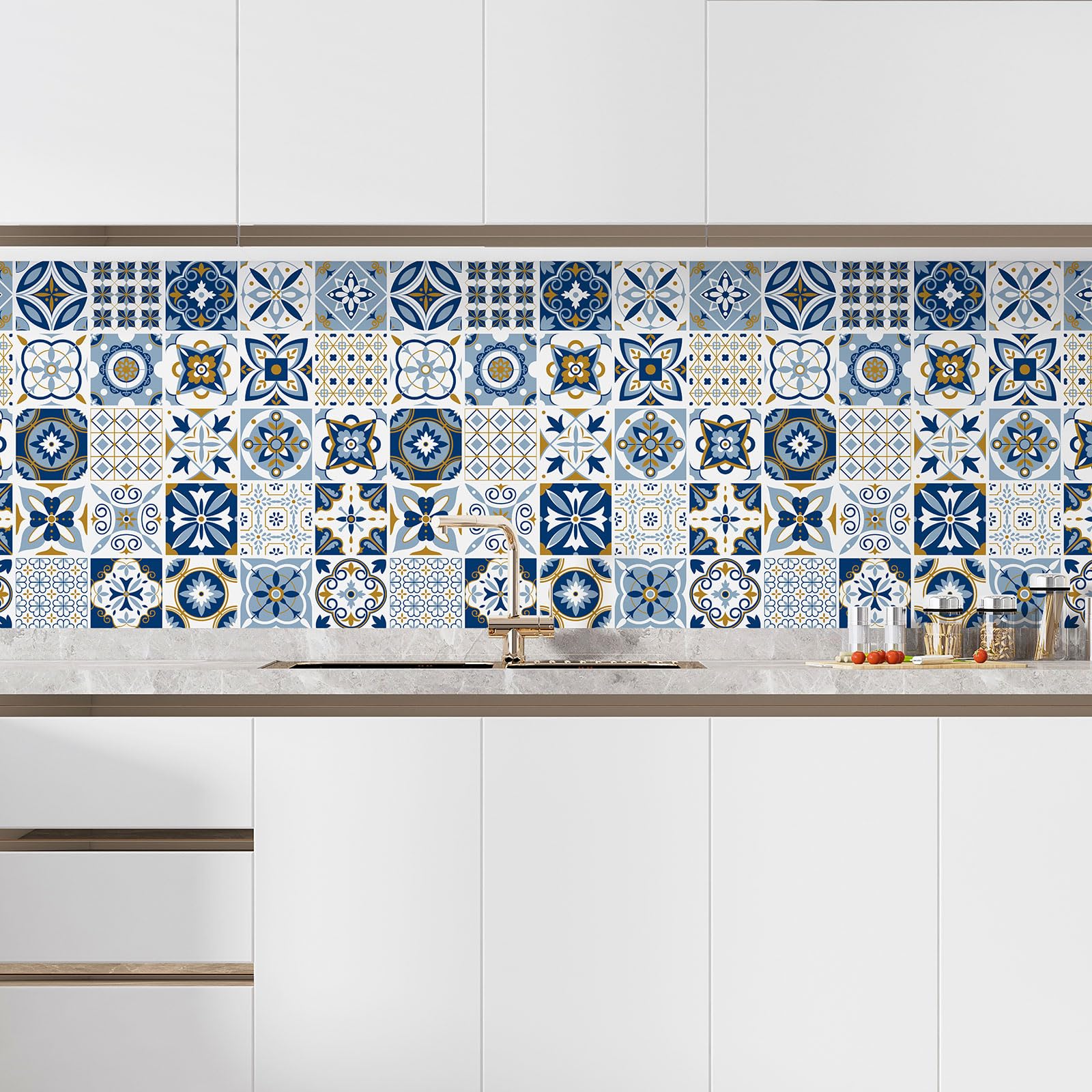 Lumalea Adesivo per cucina, effetto piastrelle di cemento, 3617681703617, adesivo + protezione lucida, 90 x 90 cm