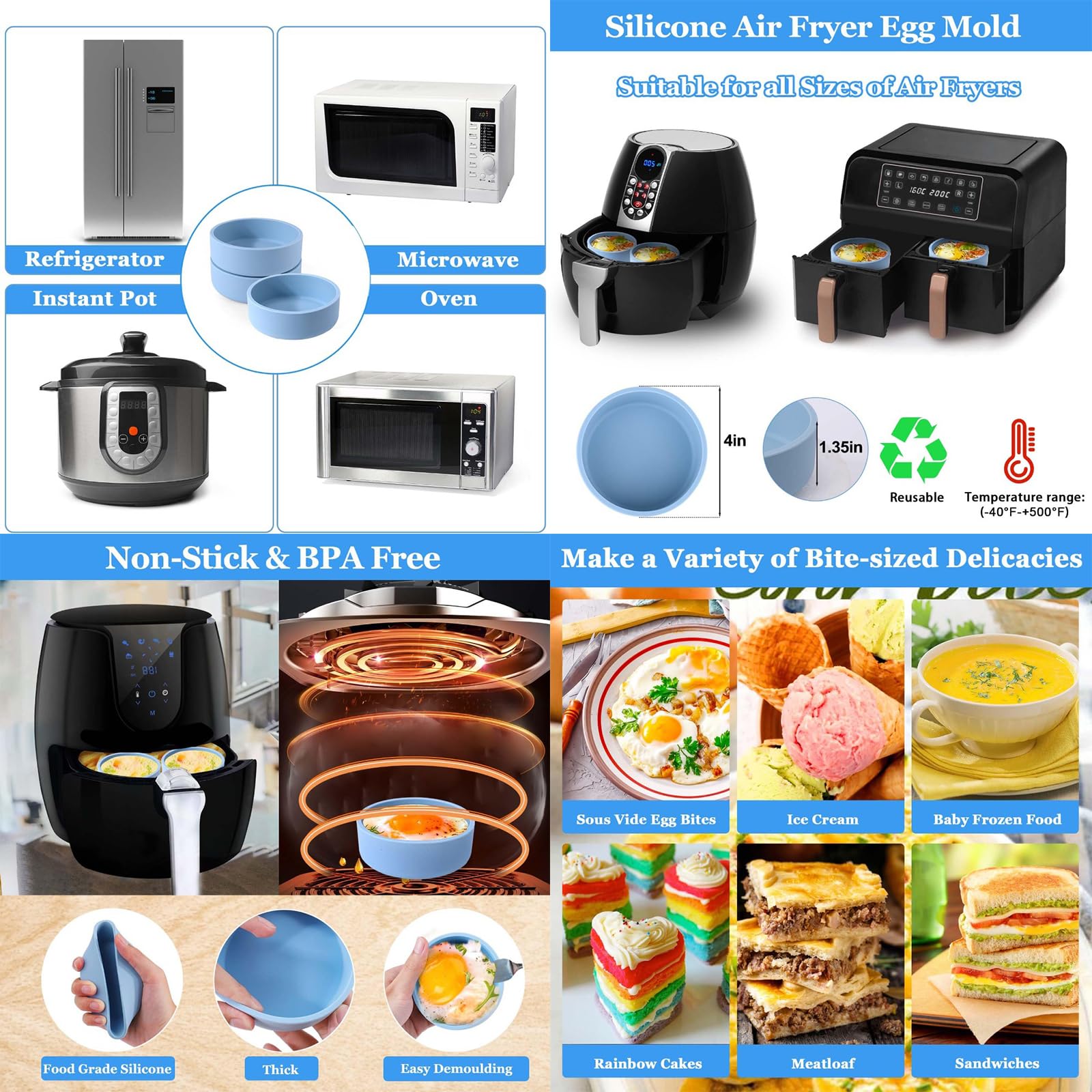 hobbyme Silicone Egg Mold for Air Fryer, 3 PCS Round Sous Vide Egg Bite Maker for Microwave, Reusable 4