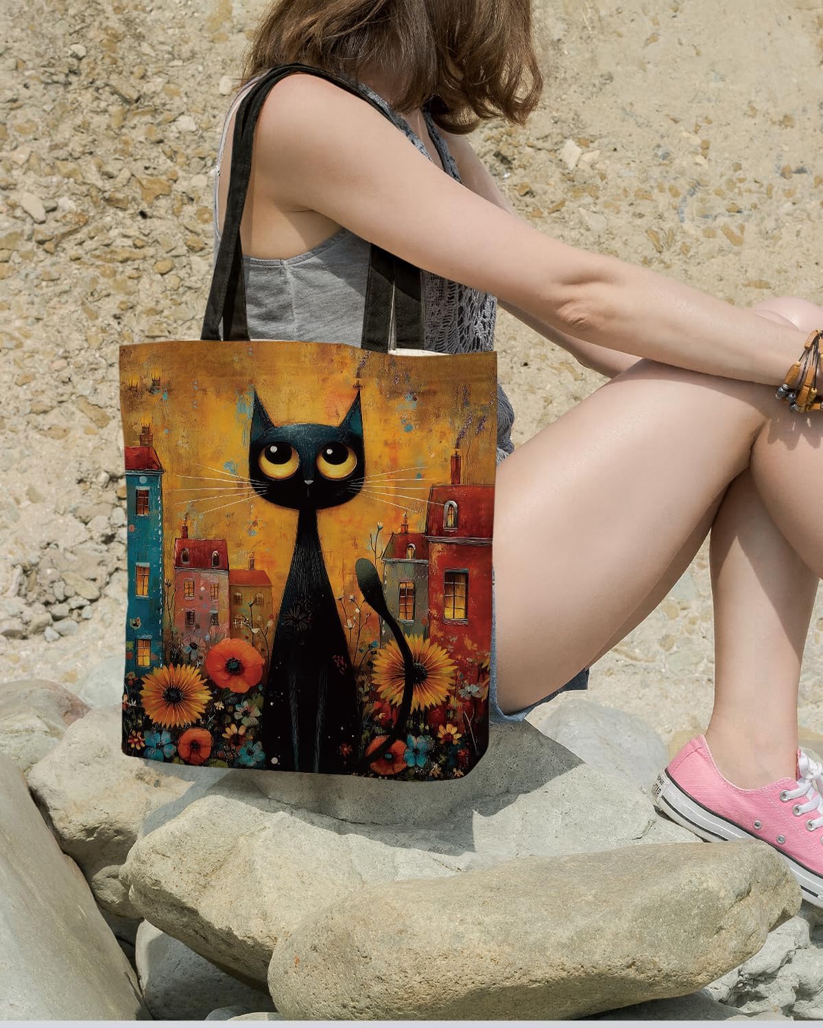 Cute Cat Tote Bag, Vintage Cat Art Canvas Bag, Aesthetic Reusable Grocery Bags for Women, Cats Lover Gift Tote - Image 5