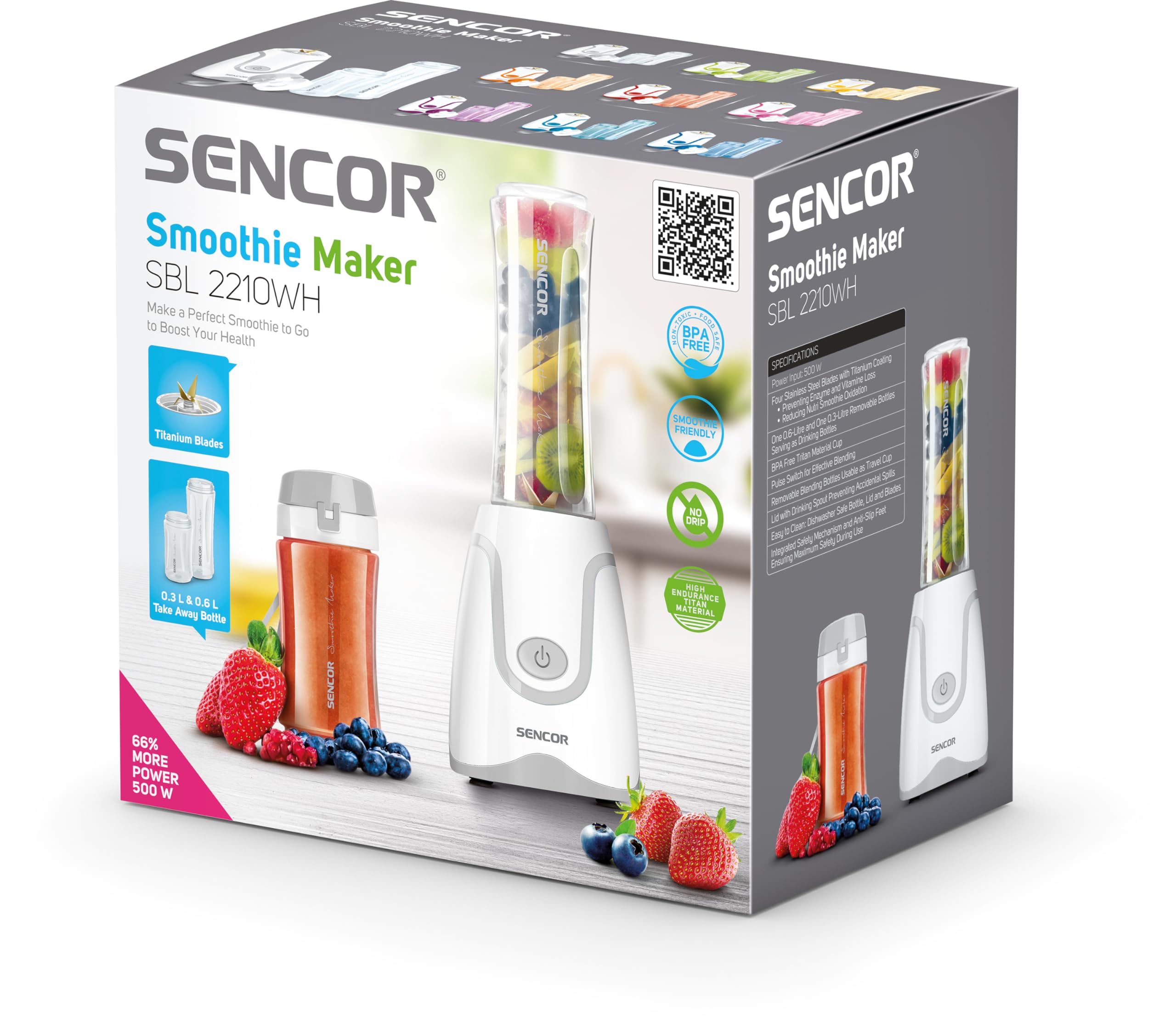 Sencor Smoothie Mini Ultra mocny blender 500 W, 2 butelki Tritanu 0,6 l i 0,3 l bez BPA, długie ostrza odporne na rdzę, do smoothie, zup i innych - biały