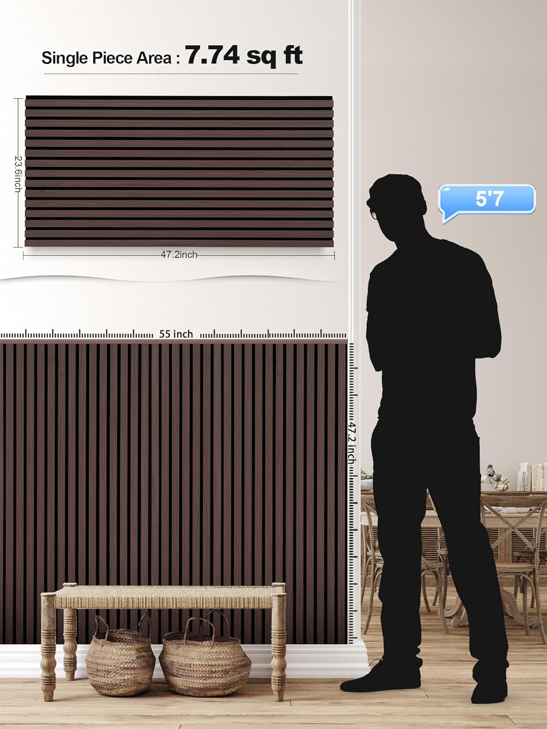 Mollywell Wood Panels for Wall, Time-Saving Installation, Versatile Wood Slat Wall Decor, Enhanced Acoustic & Sound Proof Fluted Design for Home & Office, 4 Pcs Dark Walnut, 47.2x23.6 Inch