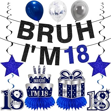 Kuxriox 11Pcs 18th Birthday Decorations for Boys Men, Blue Sliver Happy 18th Birthday Banner, Bruh Im 18 Balloons Centerpieces Swirls Party Supplies, Eighteen Bday Banner Ceiling Table Topper Sign