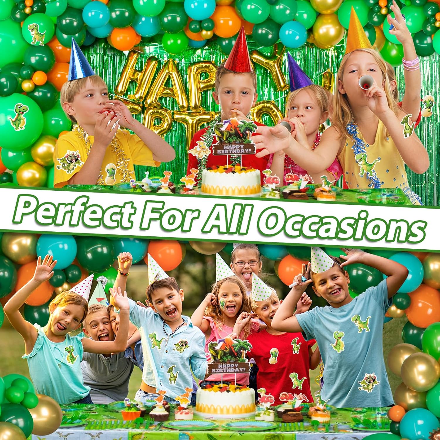 HJINGY Dinosaur Party Decorations, Dinosaur Birthday Party Supplies for Kids Include Dino Balloons, HAPPY BIRTHDAY Banner, Cake Toppers, Plates, Napkins, Curtains & Customized Tablecloth