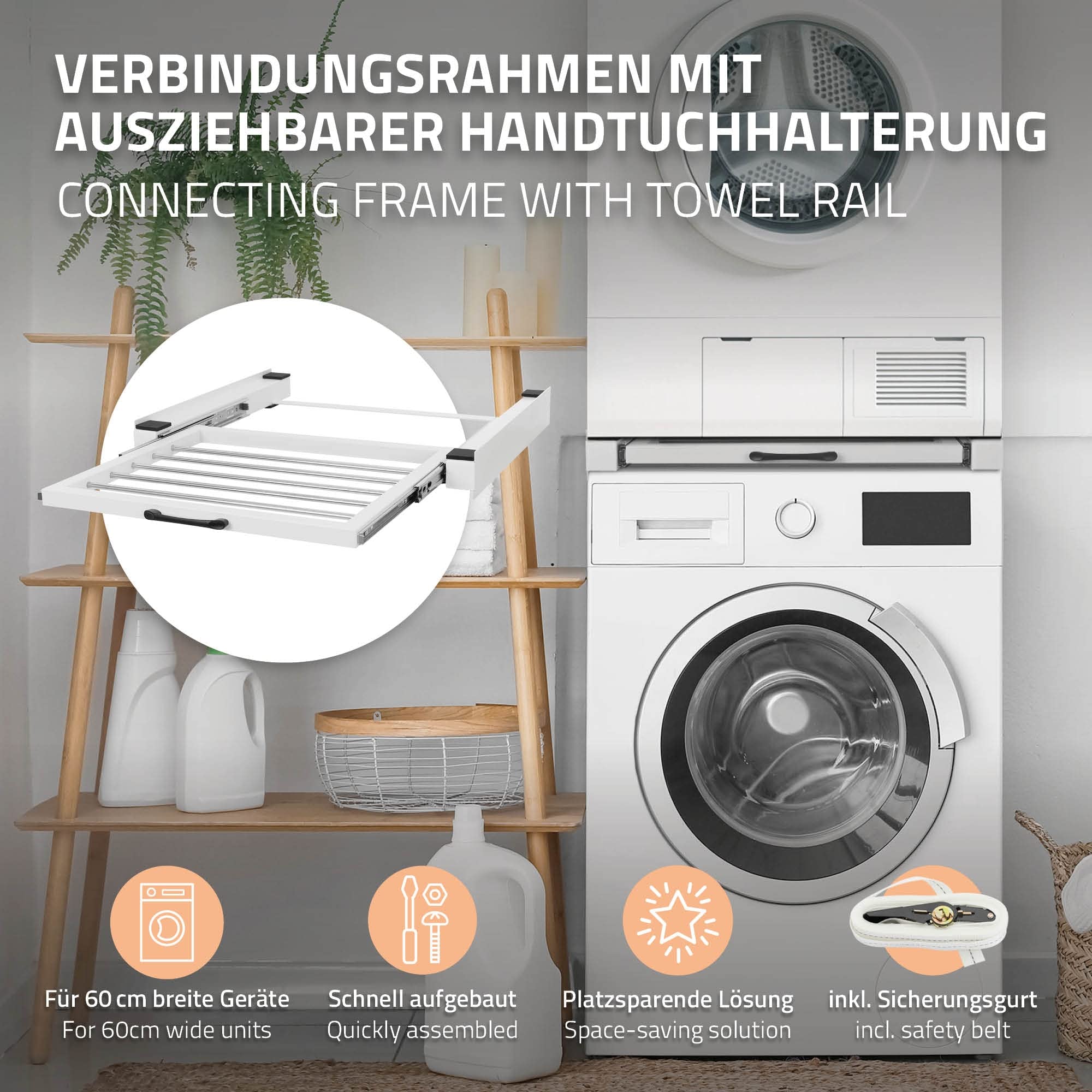 ML-Design Zwischenbaurahmen mit Wäscheleine, Stahl 60,5x54,5cm Weiß, Waschmaschine/Trockner Verbindungsrahmen, Zwischenbausatz mit ausziehbarer Handtuchhalter, Zwischenrahmen Universal, Trocknersäule