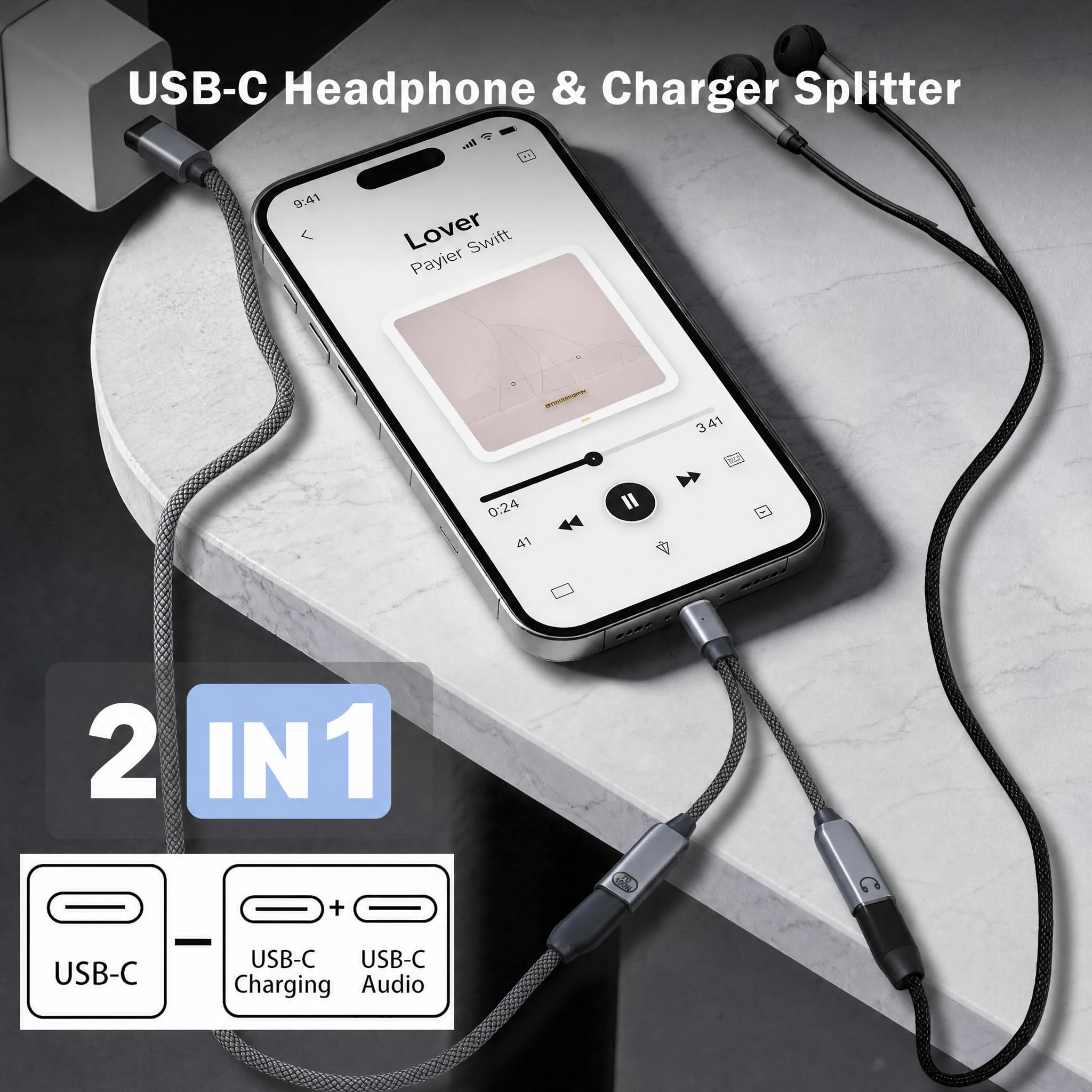 Adapter słuchawkowy USB-C rozdzielacz USB-C typu Y 2 w 1 adapterem audio szybkim ładowaniem 100W laptopa tabletu smartfona – Szary
