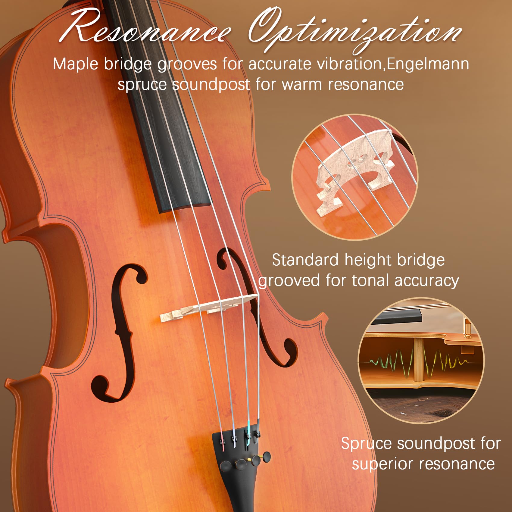 Cello 4/4 Kit, Acoustic Cello for Adults,Students,Beginners,Complete Full Size Cello Instrument Set with Portable Bag, Bow, Rosin, Natural