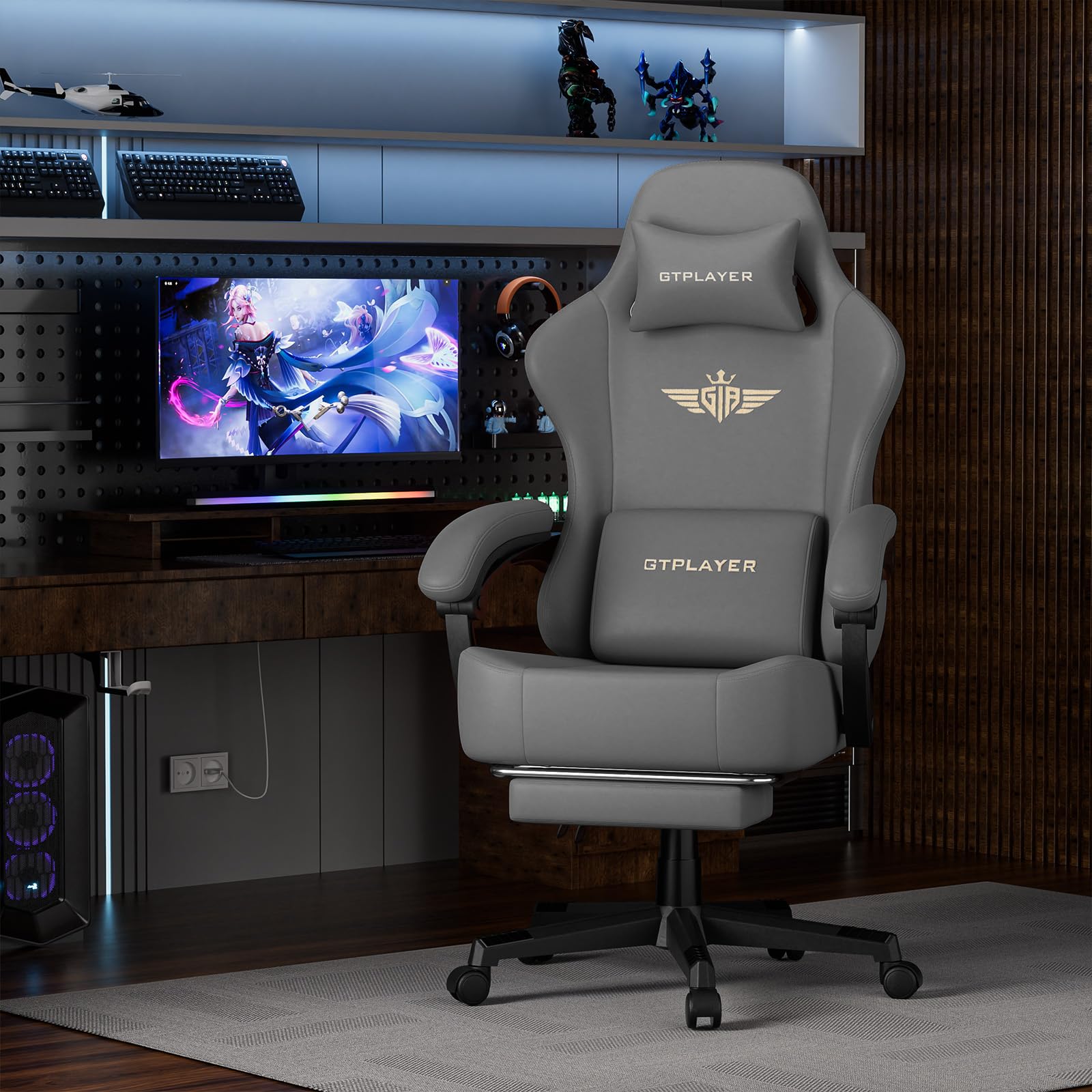 GTPLAYER Silla para Juegos, Silla de Oficina Transpirable, Silla ergonómica de PC, Tela, Respaldo Ajustable 160° y reposapiés Extensible, ergonómica, Cuero sintético, Carga 180 kg, Gris