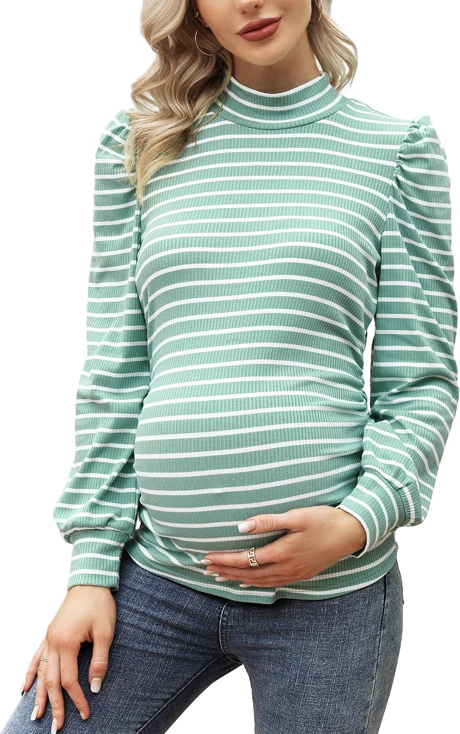 Maternity Shirts Women's Casual Floral Print Tops Pregnancy Puff Short Sleeve Striped Ruched Side Tunic Top