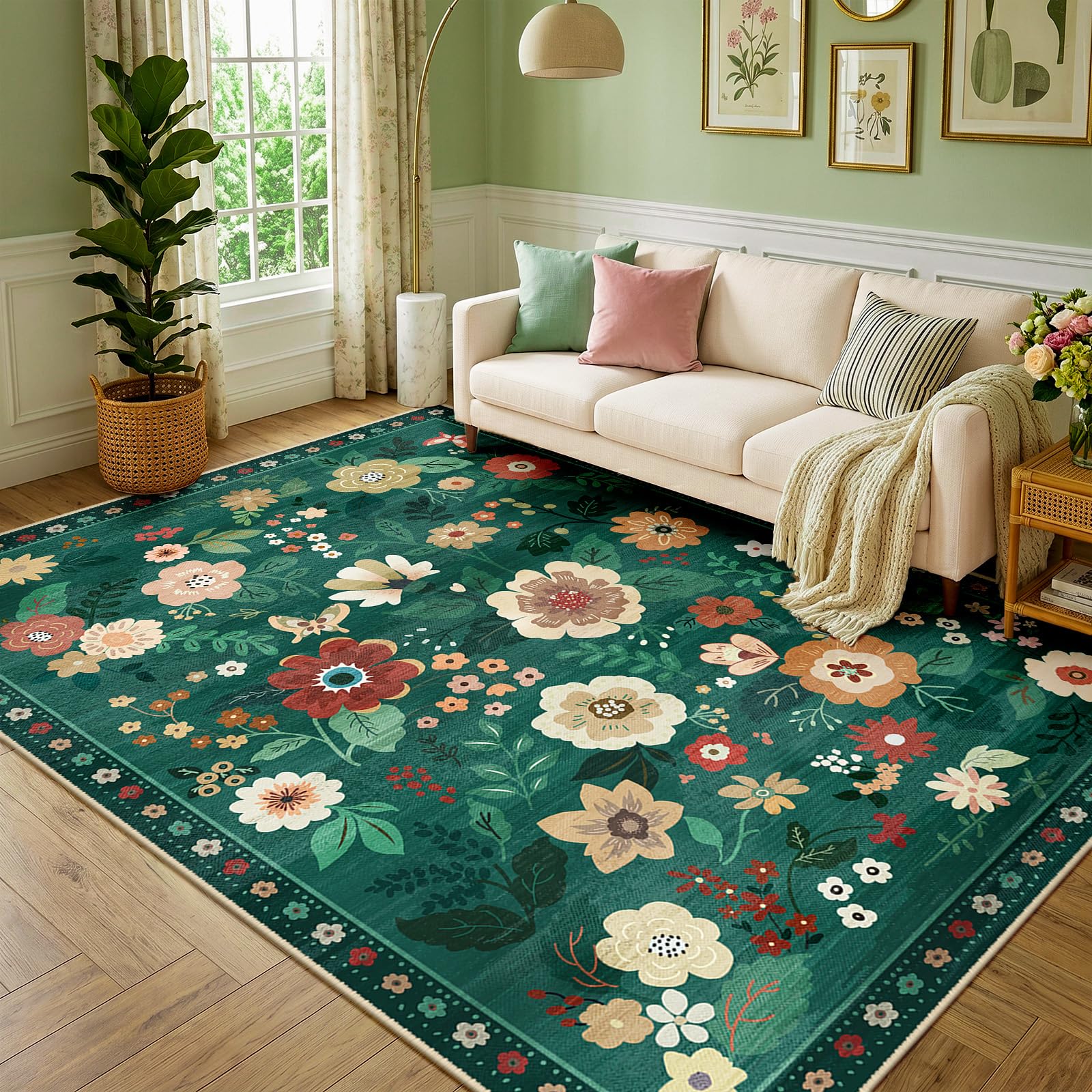 DEFYNEE Machine Washable Rugs Living Room, 180×270cm Floral Rug, Non-Slip Low Pile Boho Vintage Floral Carpet with Printed Design for Kids Room, Bedroom, Kitchen, Entryway, Lounge, Dark Green