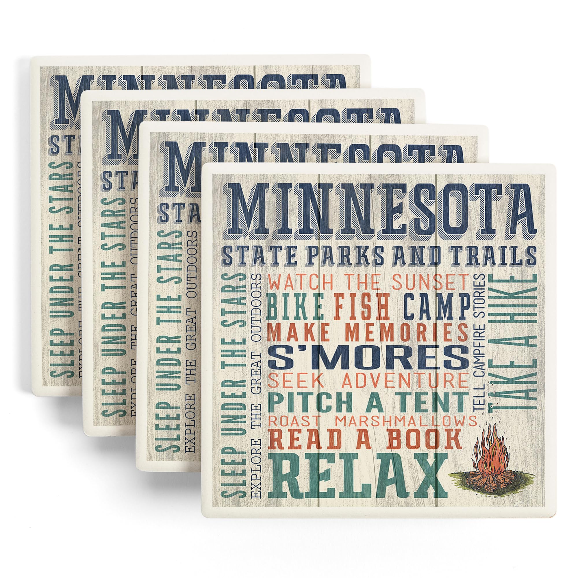 Minnesota State Parks, Campfire, Rustic Typography (Absorbent Ceramic Coasters Set of 4 Matching Images, Cork Back, Kitchen Table Decor)