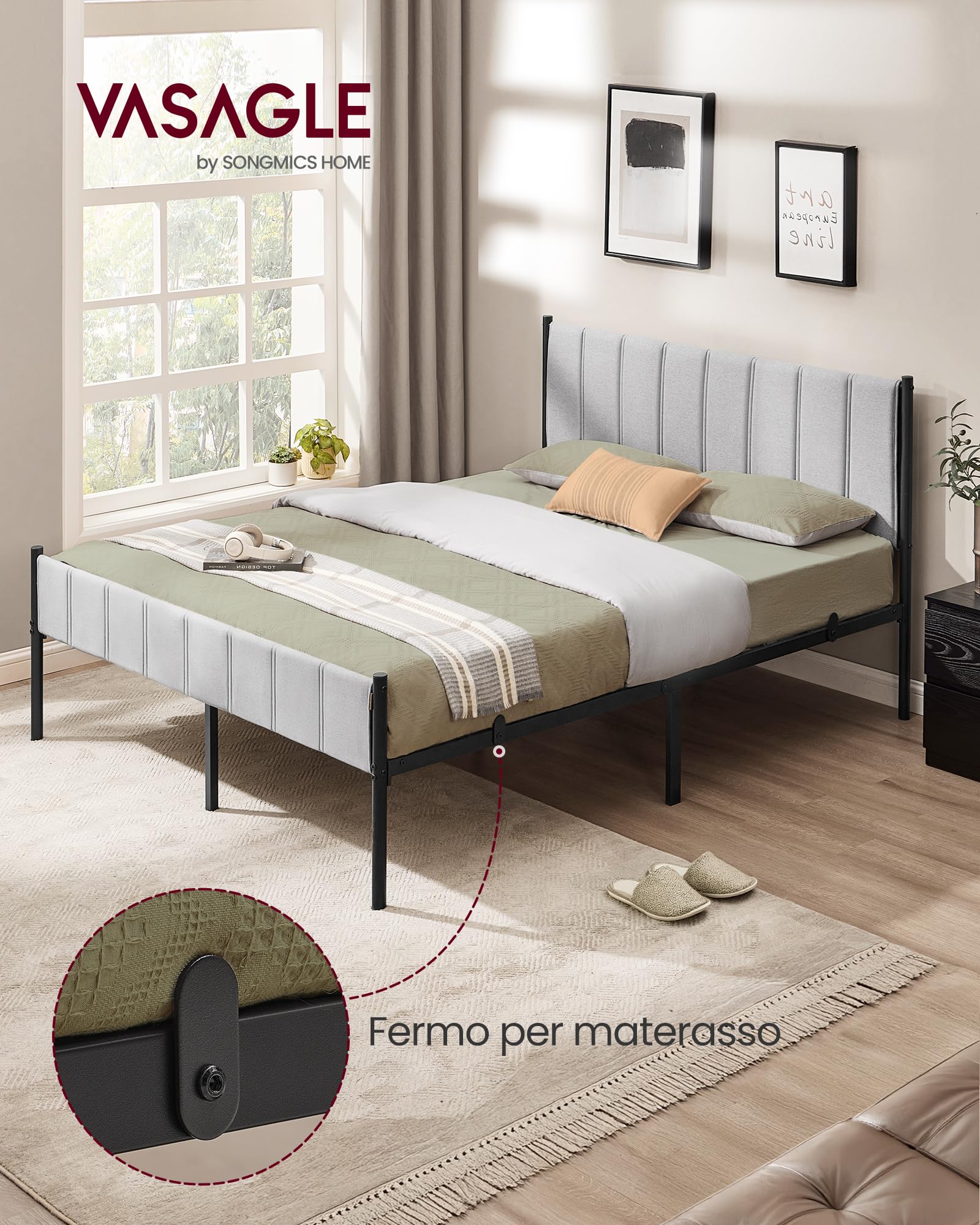 VASAGLE Struttura Letto Matrimoniale, 160 x 200 cm, con Testiera Imbottita, Telaio del Letto, Doghe in Acciaio, Regge fino a 500 kg, Montaggio Facile, Grigio Tortora RMB975G01