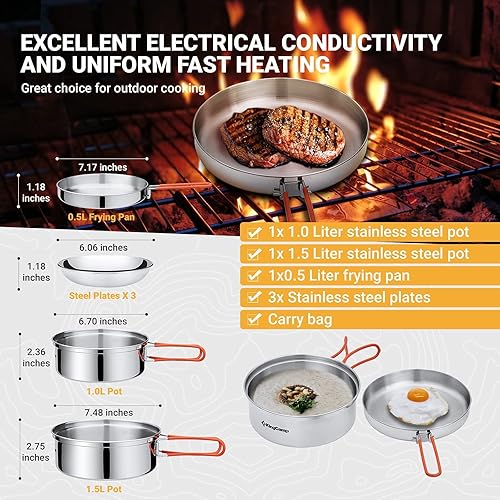 Miniatura 2 de KingCamp Juego de utensilios de cocina de acero inoxidable de 1725 piezas, antiadherente, ligero y compacto para hacer picnic al aire libre, incluye