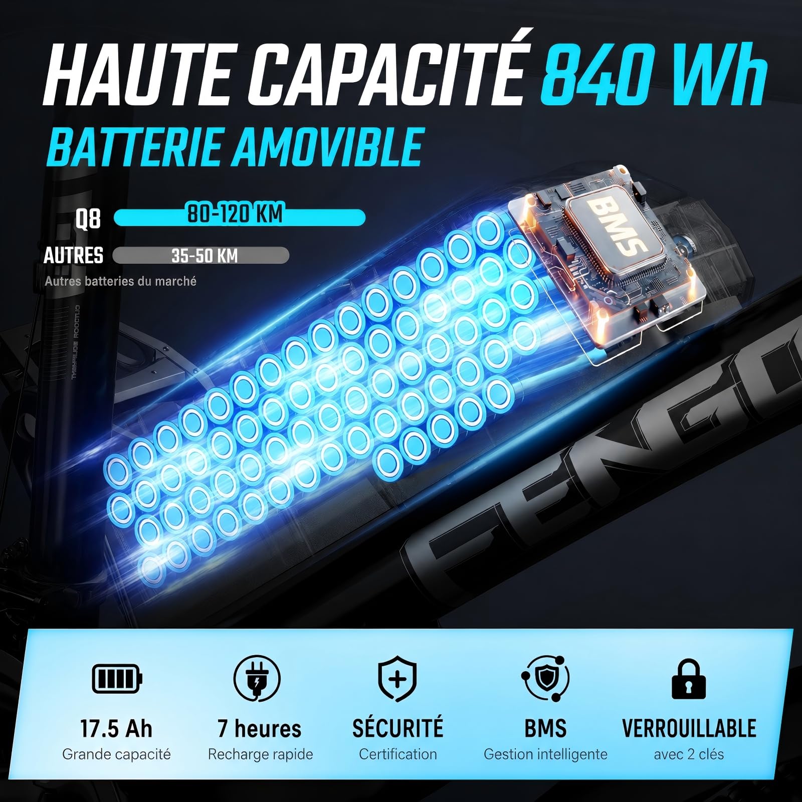 Vélo Électrique 27,5", VTT Électrique Adulte, Moteur 250W, Batterie Amovible 840 Wh, Autonomie Jusqu’à 120 km, 21 Vitesses, Écran LCD, Charge Max 150 kg, Modèle Mixte E-Bike