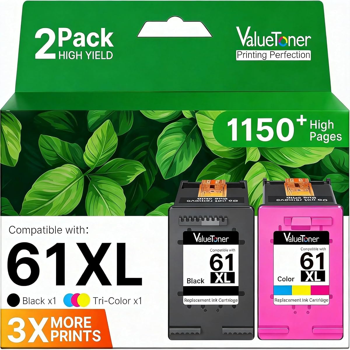 61XL Ink Cartridges Replacement for HP 61 Ink Cartridge Combo Pack for HP Ink 61 61XL Works with HP Envy 4500 4502 5530 Deskjet 2540 3510 OfficeJet 4630 Printer (1 Black, 1 Tri-Color, 2-Pack)