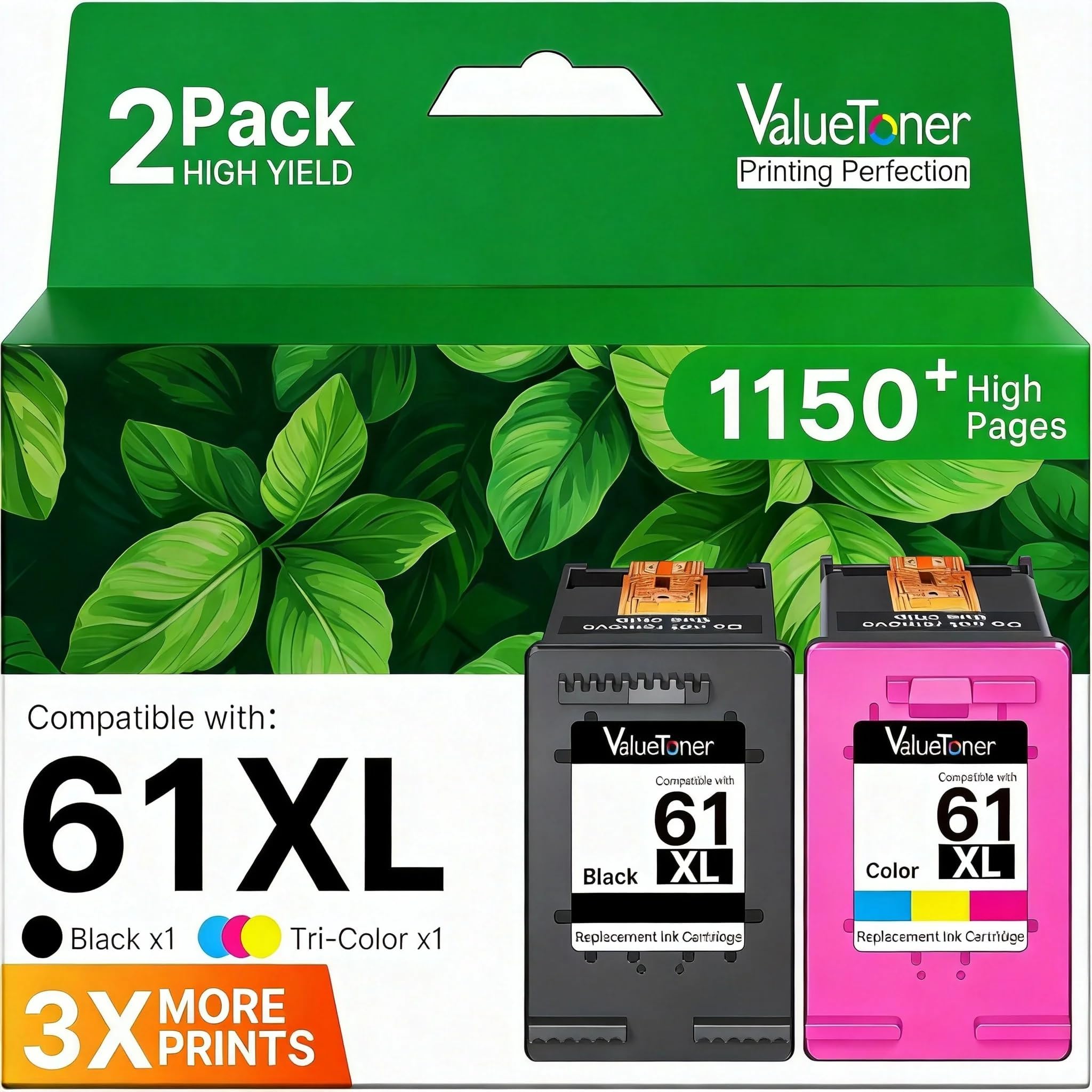 Valuetoner 61XL Ink Cartridges Replacement for HP 61 Ink Cartridge Combo Pack 61XL Works with HP Envy 4500 4502 5530 Deskjet 2540 3510 OfficeJet 4630 Printer (1 Black, 1 Tri-Color, 2-Pack)