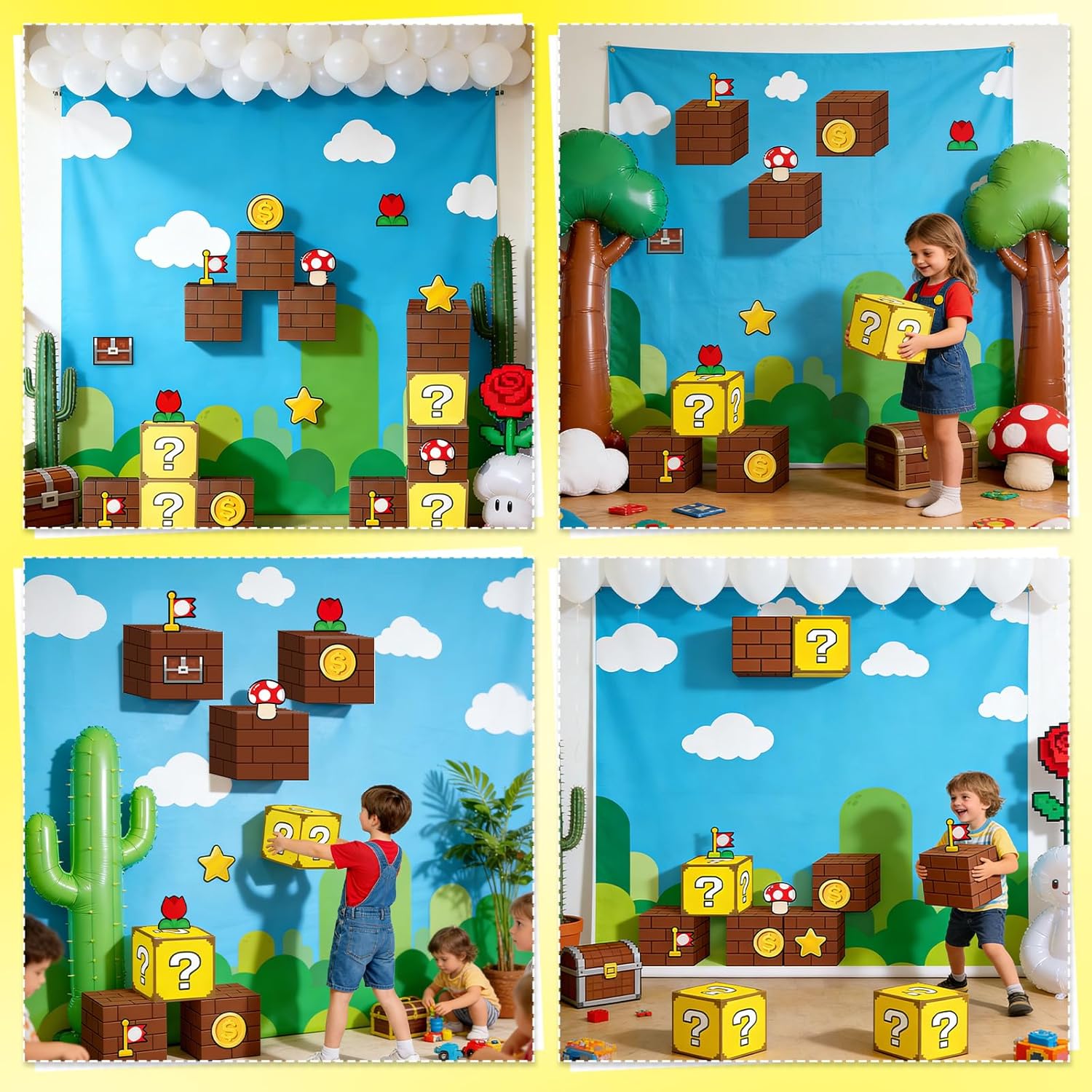 Super Theme Brother Party Decorations DIY Video Game Backdrop Banner with Brothers Theme Party Boxes Mushroom Gold Coin Paper Cutouts Wall Decor for Cartoon Gamer Birthday Supplies Photo Booth Props