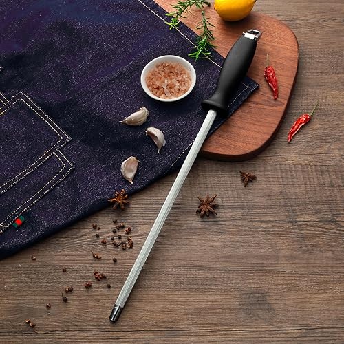Miniatura 7 de BEWOS Varilla de afilar de 12 pulgadas, acero profesional para afilar cuchillos de acero al carbono de primera calidad, acero para afilar cuchillos,