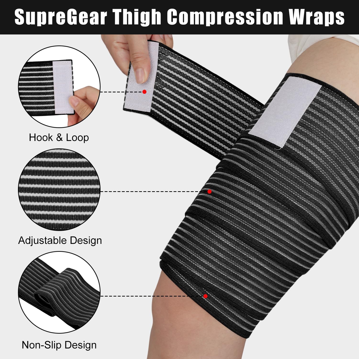 supregear 2 Pcs Hamstring and Thigh Compression Wraps, Adjustable Thigh Brace for Muscle Sprain, Quadricep Support Sleeve for Men and Women, Elastic Bandages for Knee Calf Arm Leg, 200 cm/79 in, Black