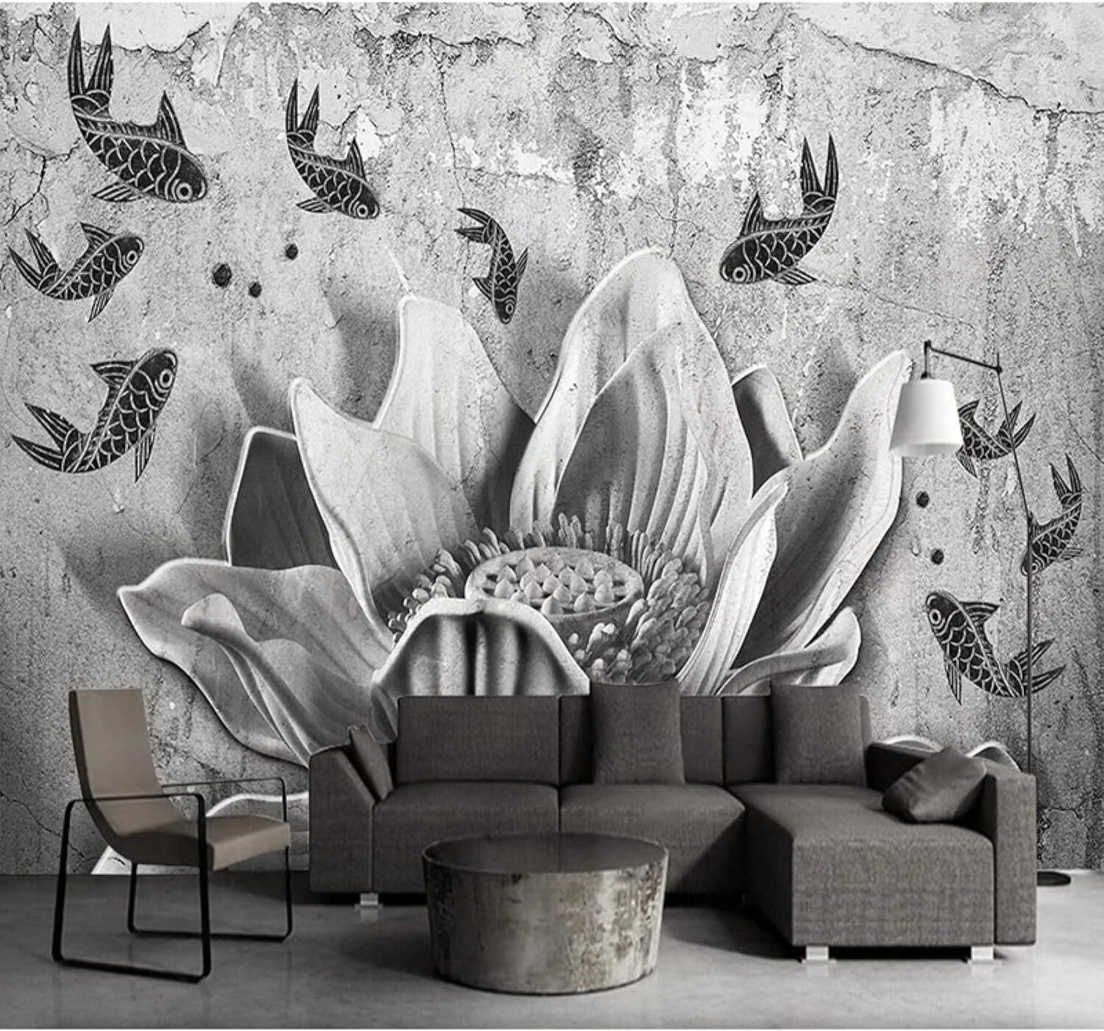 Papel Pintado 3D Relieve Loto Estilo Retro Pared De Cemento