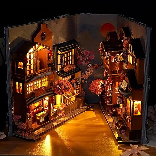 DIY Book Nook Kits, 3D Wooden Puzzles Bookshelf Insert Decorative Bookend Model Kits with LED,DIY Diorama Dollhouse Kit Crafts Hobbies Home Decor for Girls Women(Sakura Alley) - Sakura Alley