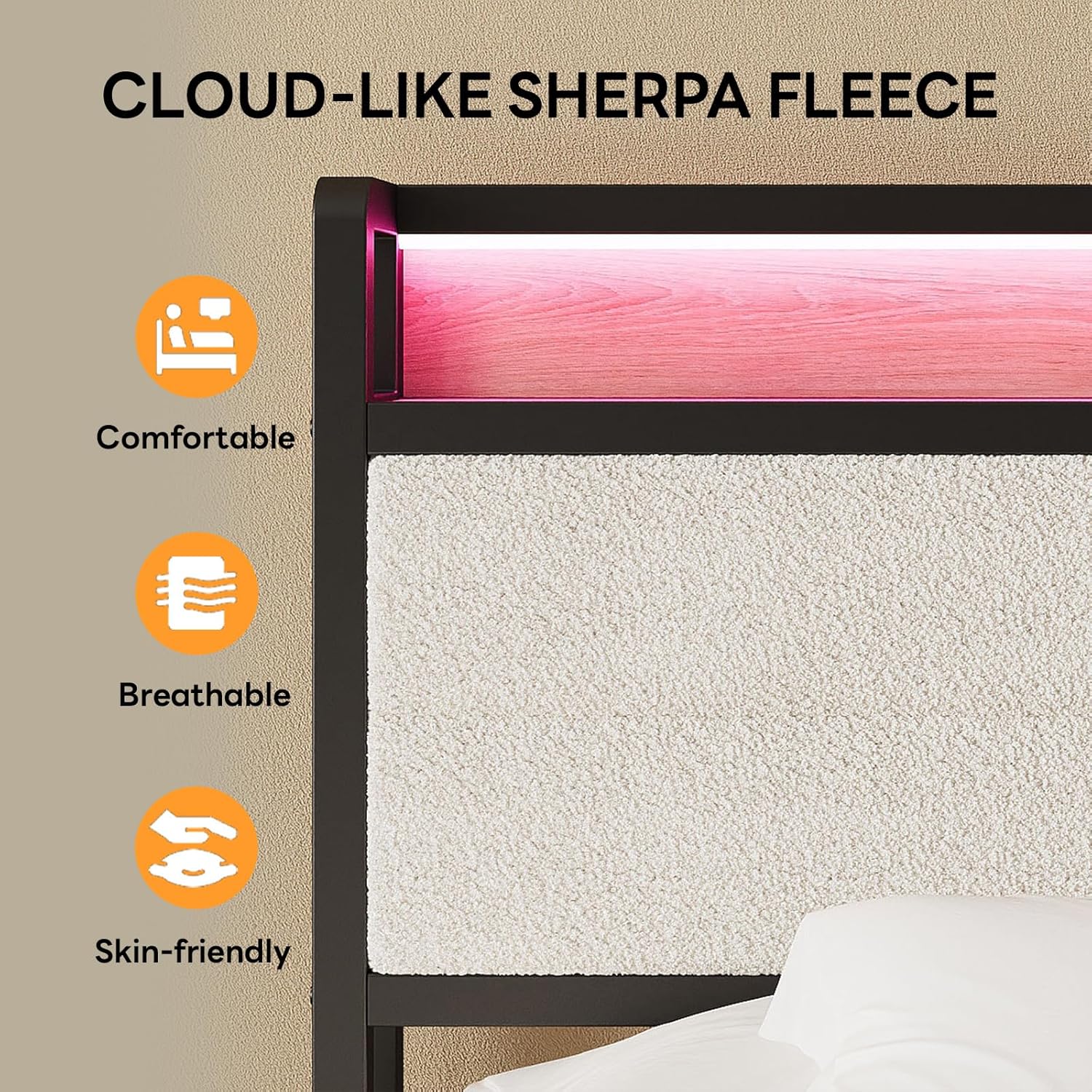 Close-up of the Sherpa fleece headboard material, highlighting its comfortable, breathable, and skin-friendly properties.