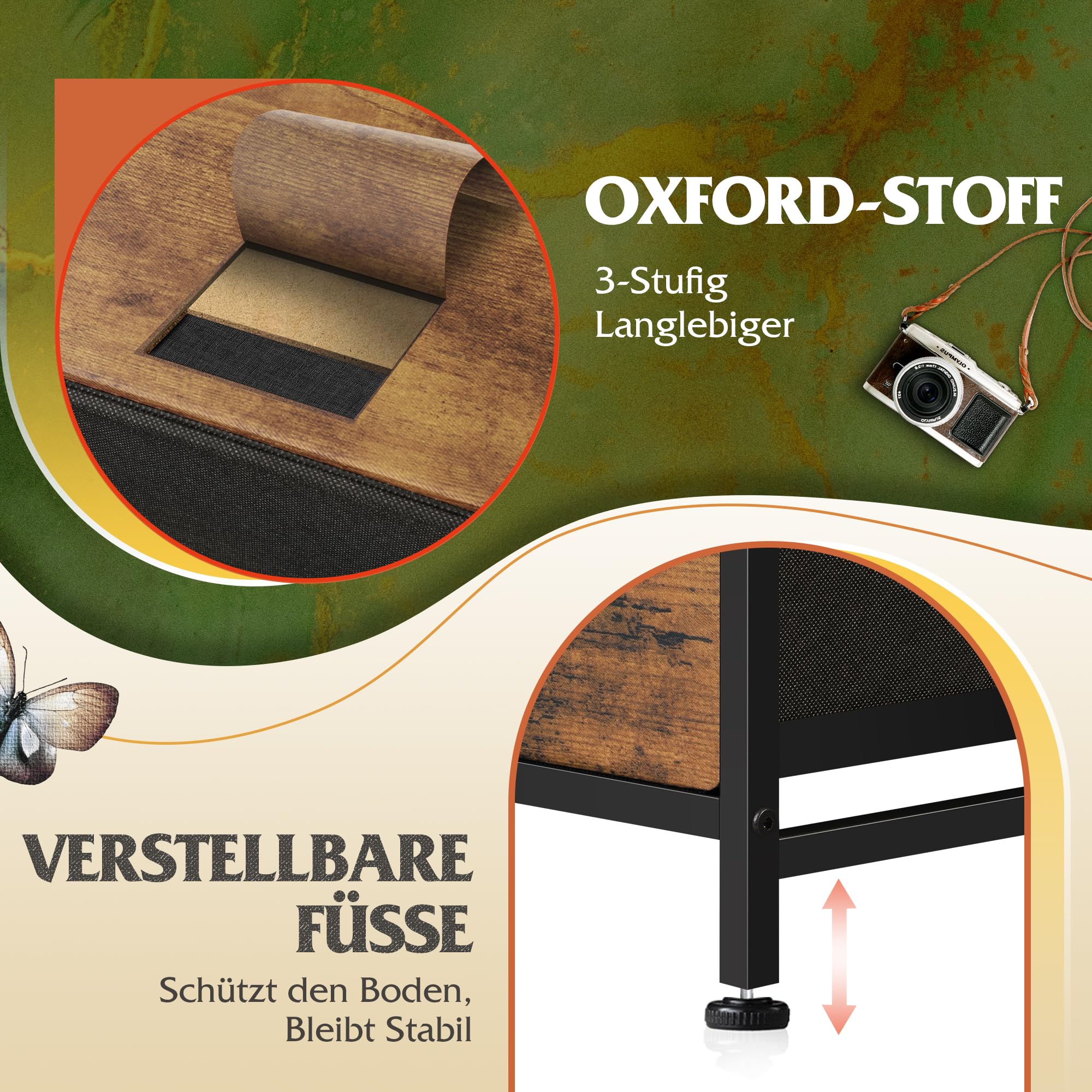 WLIVE Kommode mit 9 Schubladen aus Stoff, Kommodenschrank für Schlafzimmer, Kommode Wohnzimmer, mit Stabiler Stahlrahmen, Vintagebraun-Schwarz