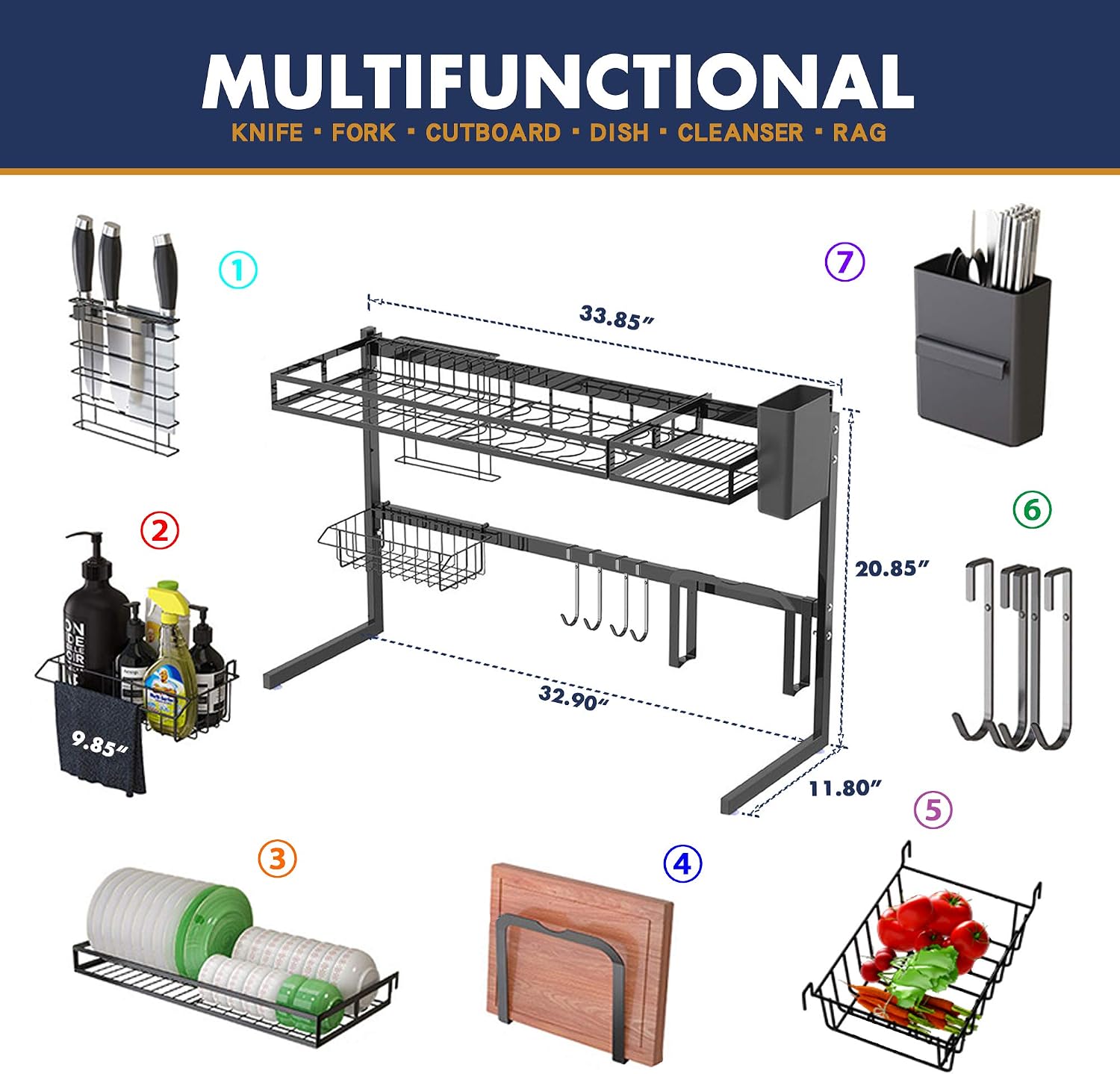 Over Sink Dish Drying Rack, Black, Heavy Duty, Easy Installation, Space-Saving, Non-Slip Drainer Shelf, Stainless Steel Larger Dish Dryer Rack for Kitchen Organization, WallQmer
