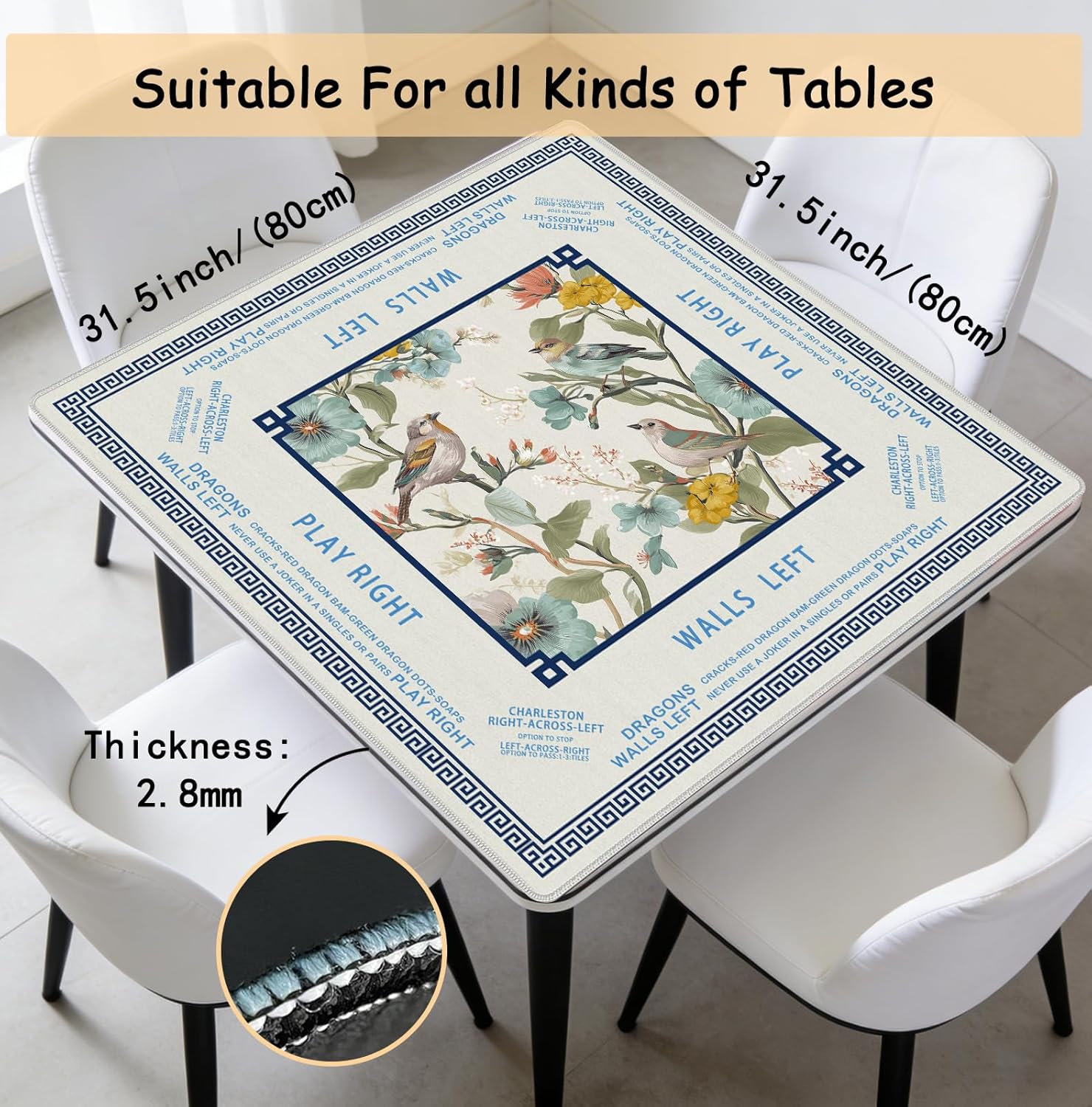 Beige Birds Chinoiserie Floral Mahjong Mat 31.5 x 31.5 Inch, Vintage Botanical Non-Slip Noise Reduction Mahjong Table Mat for American Mah Jong Poker Card Board Games Dominoes