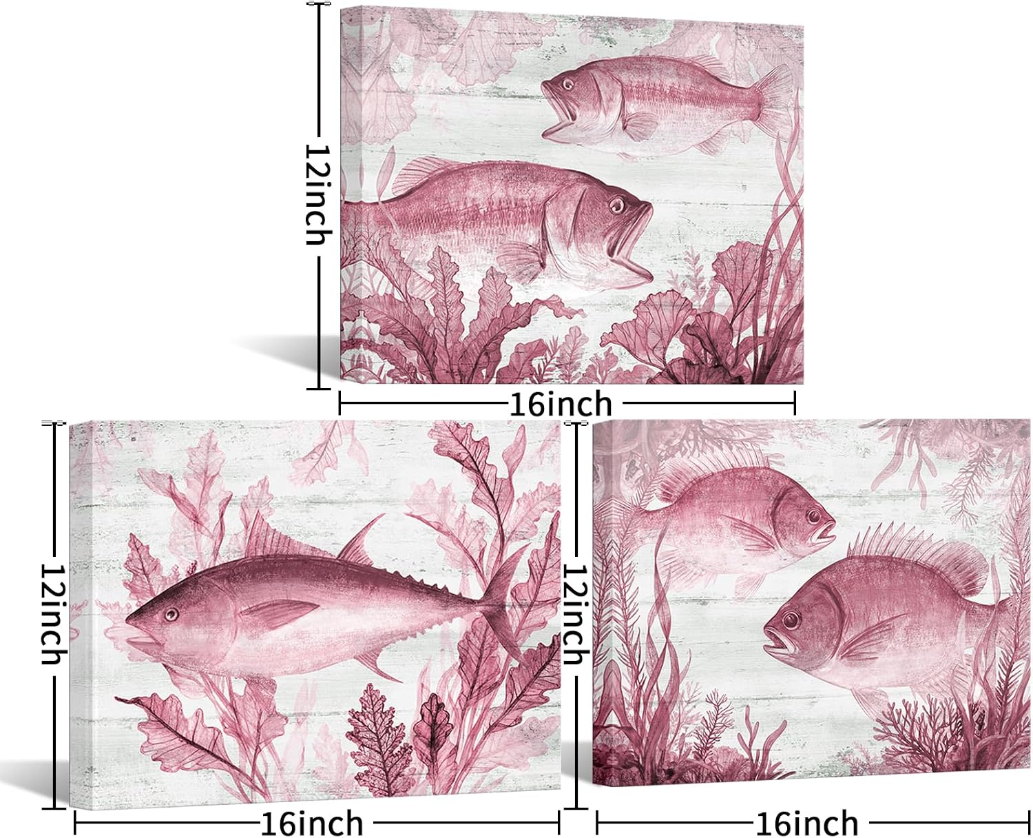 NutArtPic Pink Fish Wall Art Vintage Coastal Pictures Nautical Sea Life Canvas Prints Rustic Marine Botanical Illustration Decor for Beach House Bathroom Living Room (pink, 12''x16''x3, Wrapped Canvas)