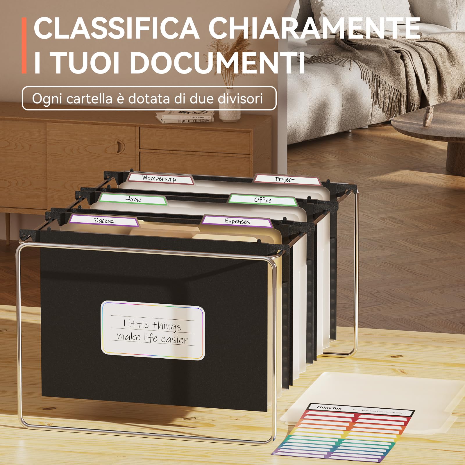 ThinkTex Raccoglitori Sospesi A4 Estensibili, con Etichette e Separatori, Adatti per Archivi e per Casa, Scuole e Aziende (Nero, Confezione da 6)