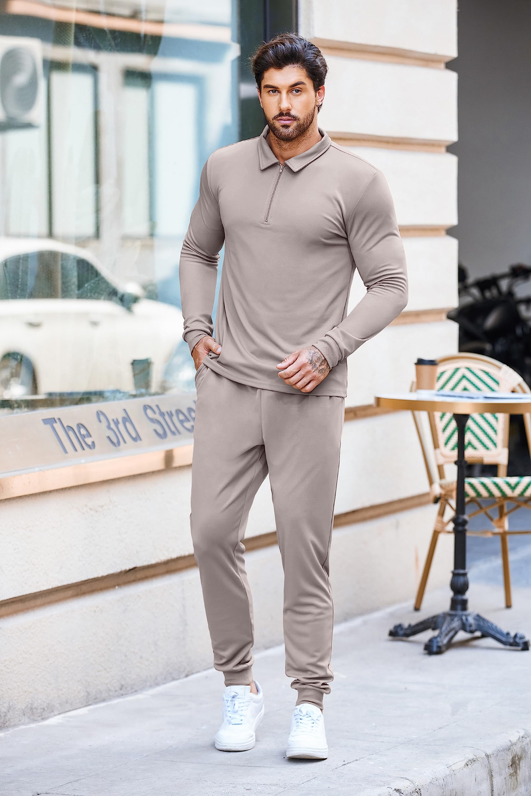 COOFANDY Tuta sportiva da uomo, 2 pezzi, polo con zip a un quarto, tuta sportiva casual da corsa e jogging