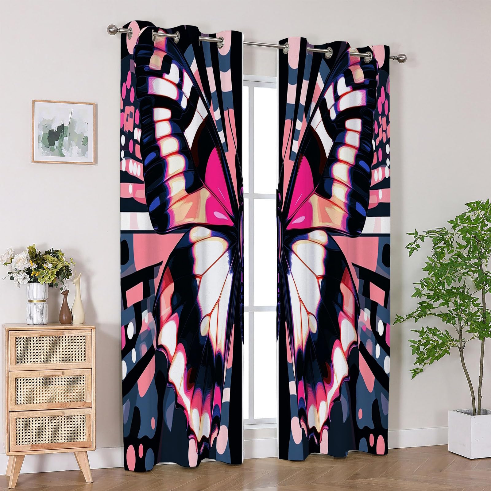 Modern Abstrakt Geometrie Vorhänge Pop rosa schwarz symmetrische Schmetterlinge modisch Schlafzimmer Fenstervorhang-H230 x B130 cm (2er Pack)