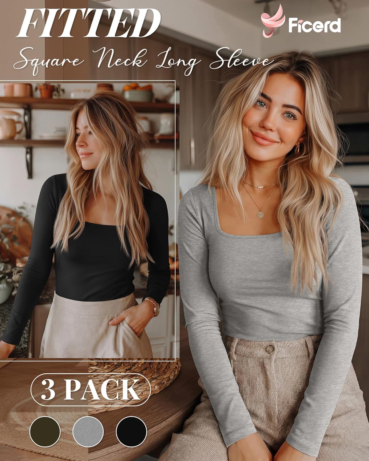 Ficerd 3 Pack Square Neck Tops for Women Long Sleeve Going Out Slim Fit Shirts Basic Tees 2026 Winter Y2k Clothes - Image 3