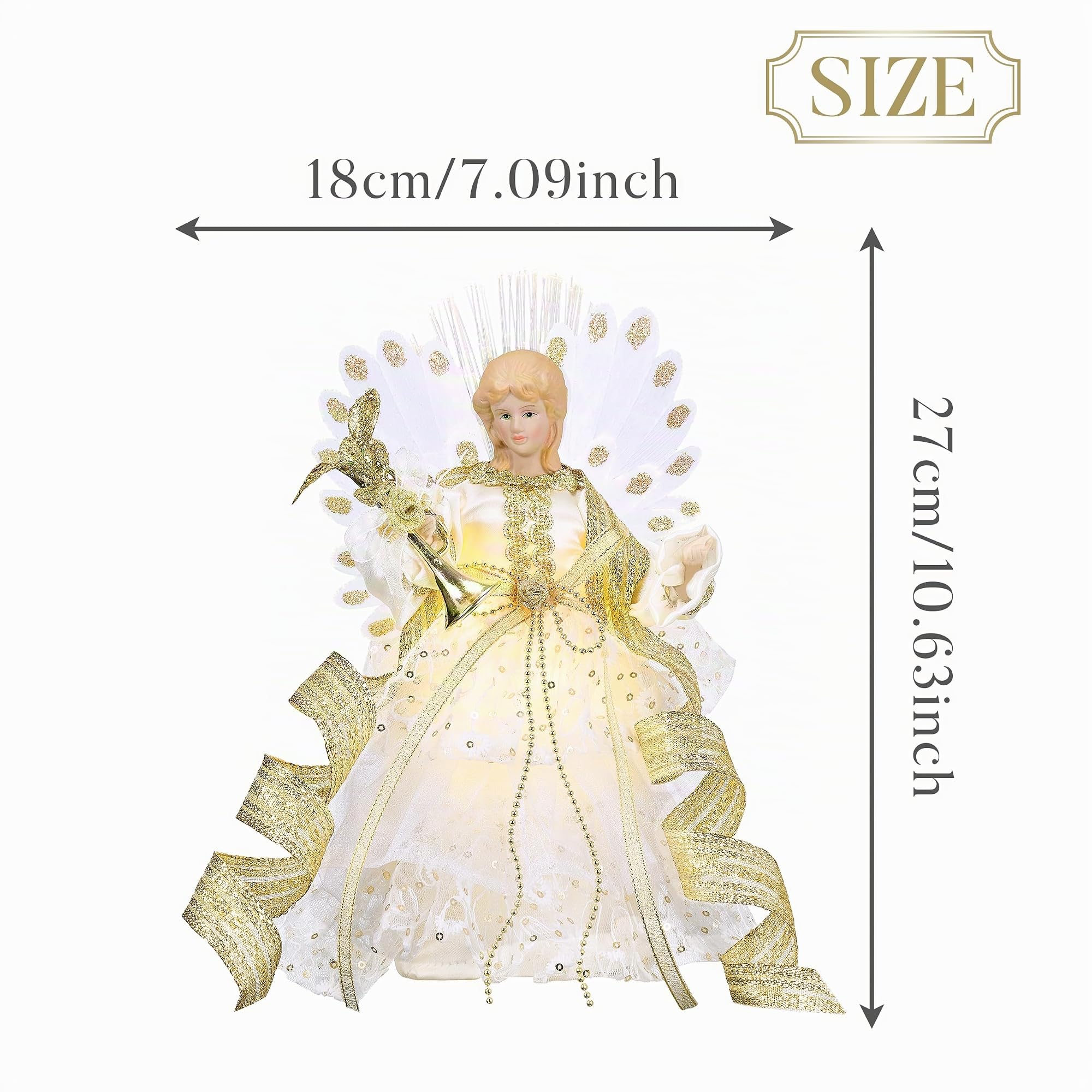 Valery Madelyn Ange de Noël - 26 cm - Décoration de sapin de Noël - Ange avec 10 lumières LED chaudes à piles - Blanc doré (M)