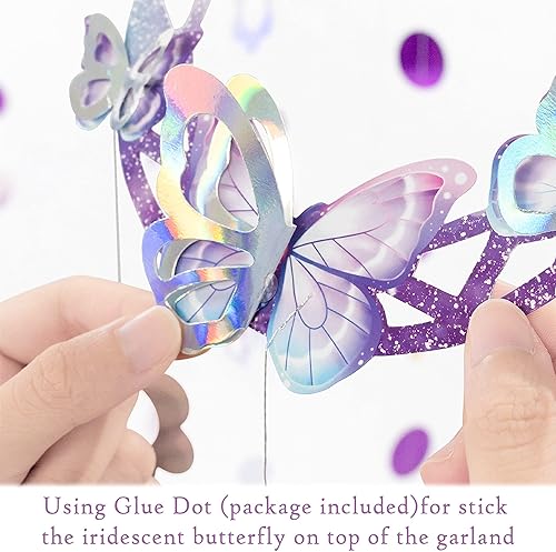 Miniatura 4 de Cheerland Decoraciones de mariposa púrpura iridiscente guirnalda de mariposas de princesa de hada decoración de fiesta de cumpleaños, serpentinas