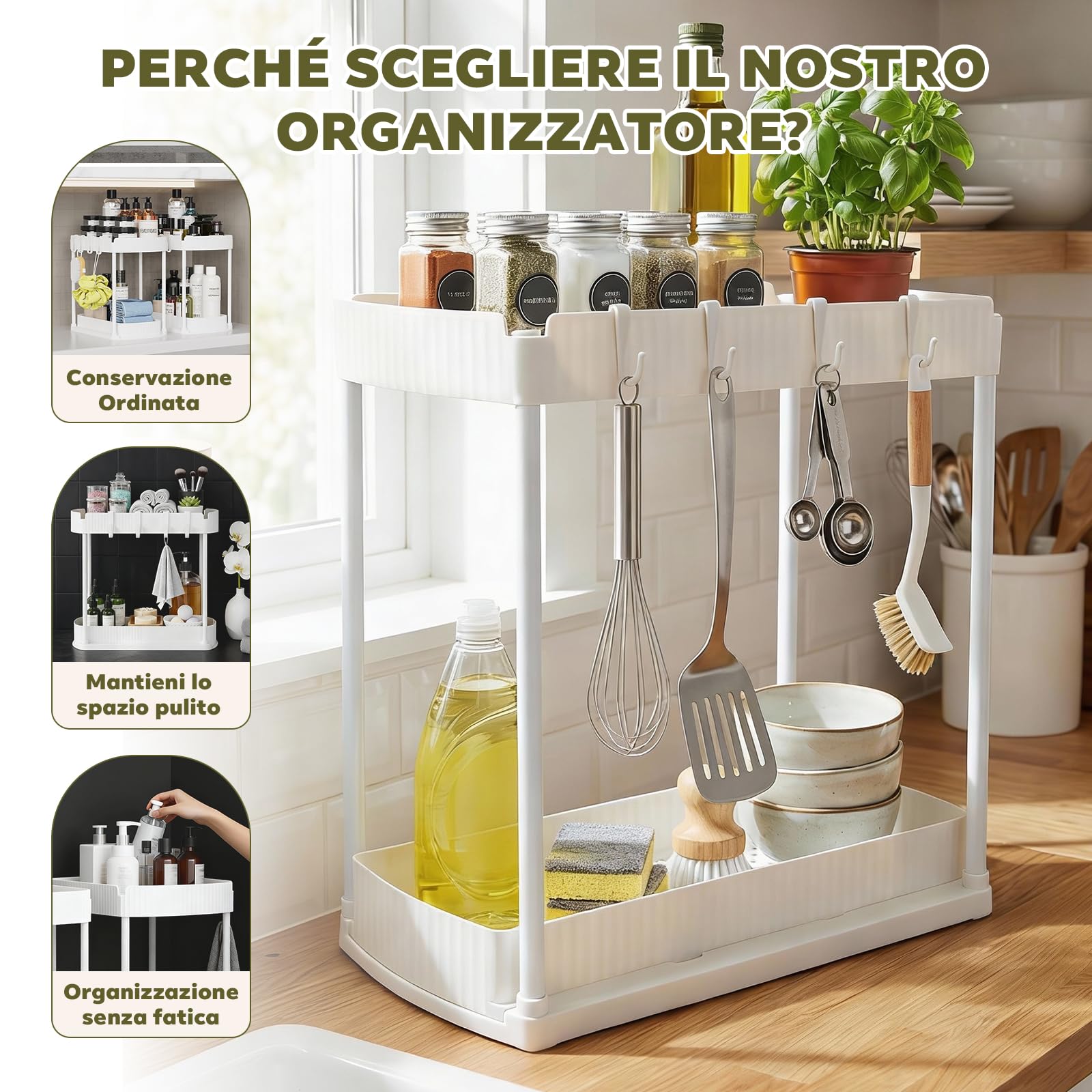 Scaffale per Sottolavello 2 Piani, con Cassetto Estraibile e Vassoio, Organizzatore Multiuso per Cucina e Bagno, Bianco