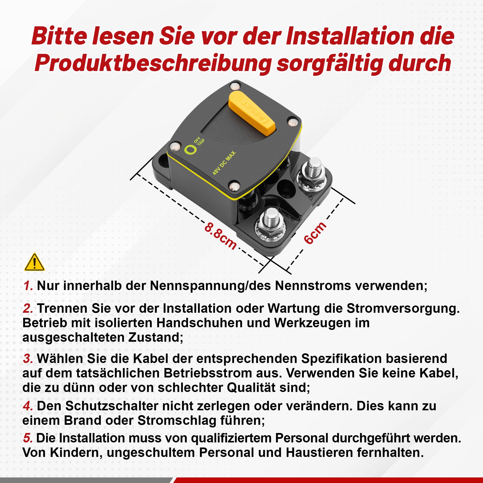 RED WOLF 100A Schutzschalter DC 12V 48V, kfz Sicherungsautomat 100 Ampere Automatische Sicherung für Auto LKW Boot Stereo Autobatterie Sicherungshalter mit Manueller Reset