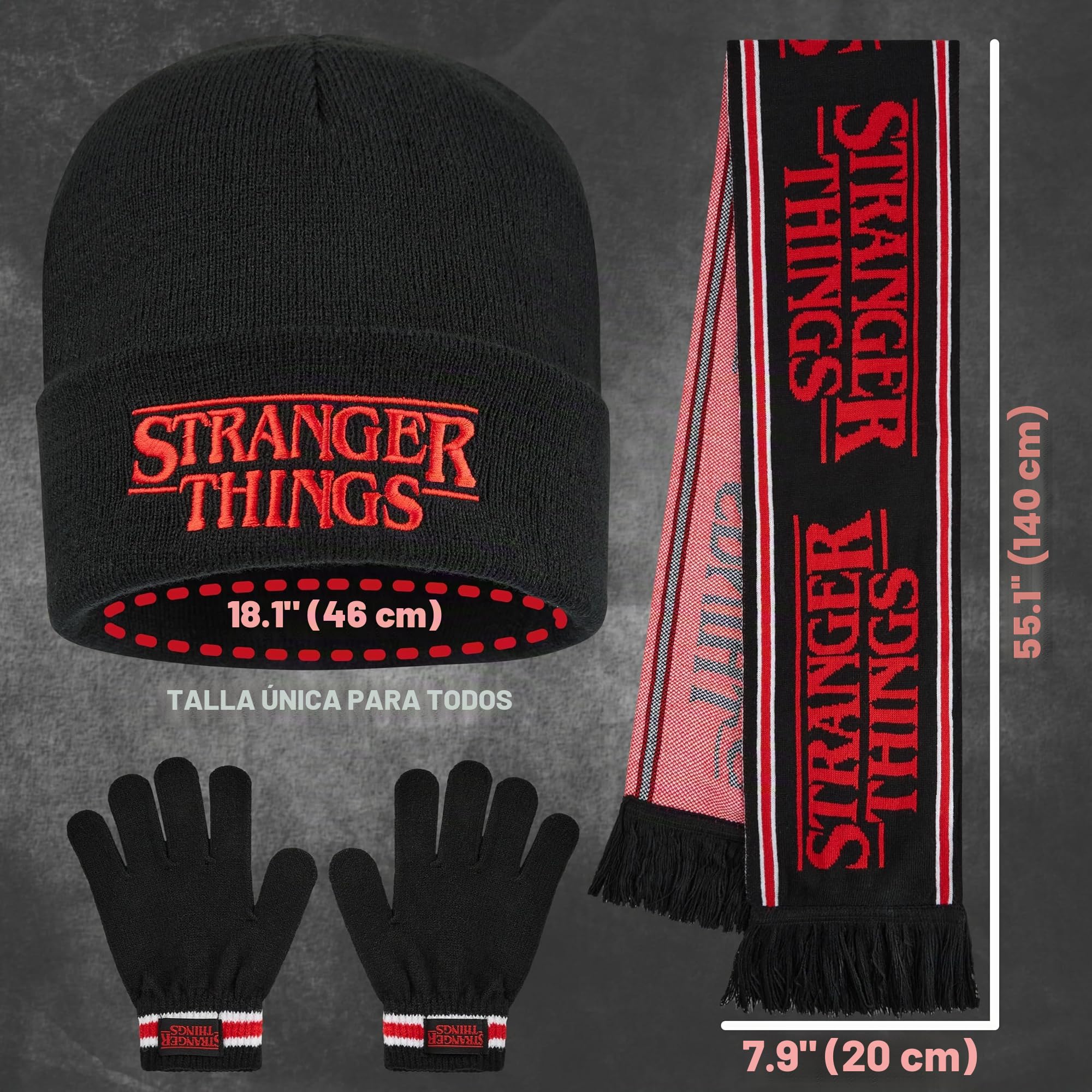 Stranger Things Conjunto Gorro Bufanda y Guantes Niño Niña, Infantil Accesorios Ropa de Invierno, Regalo Fan de la Serie