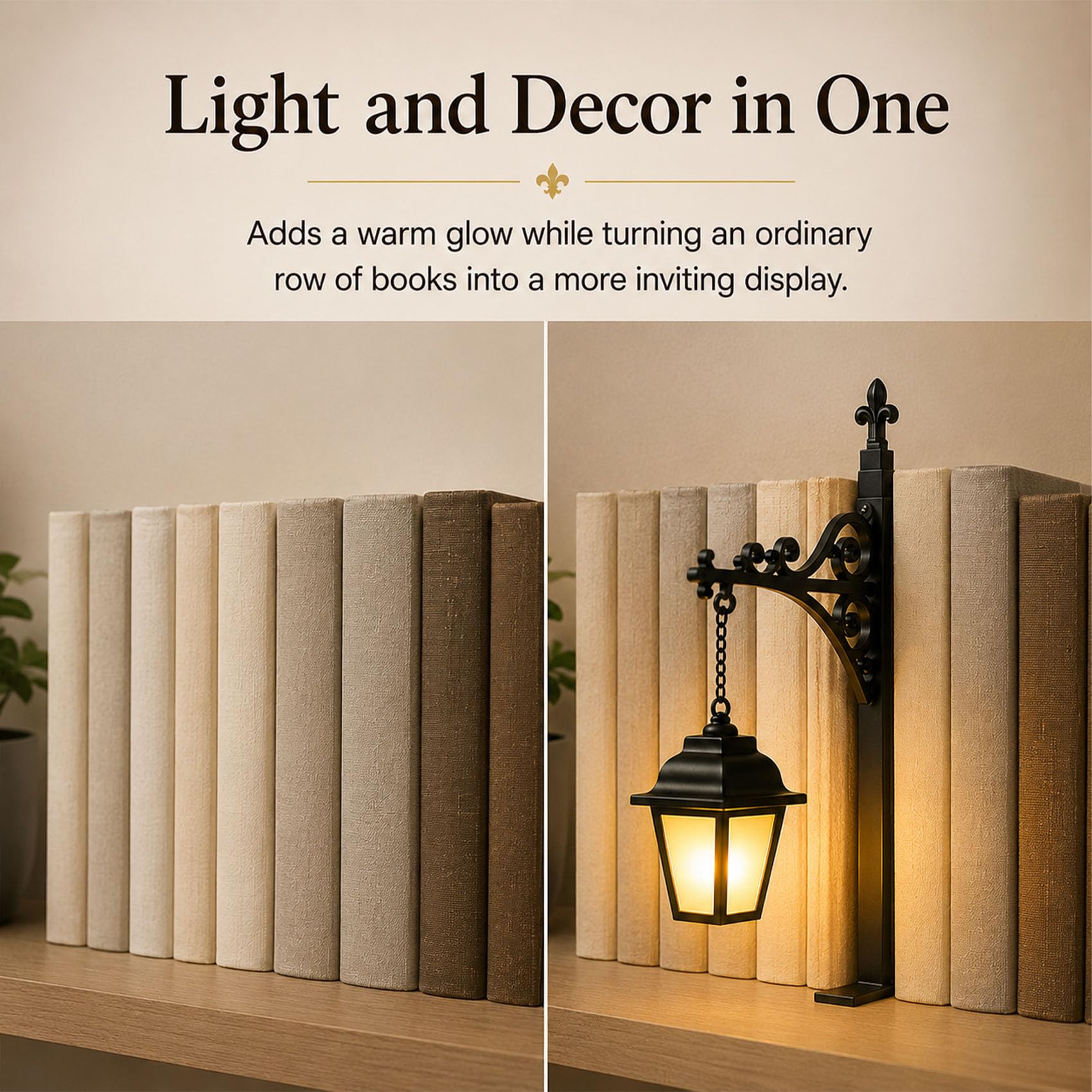 Library Lantern Mini Bookshelf Lamp, Iron Bookend with Warm Light, Decorative Bookshelf Lantern for Home Library, Study and Reading Nook (Lantern Style,3pcs)