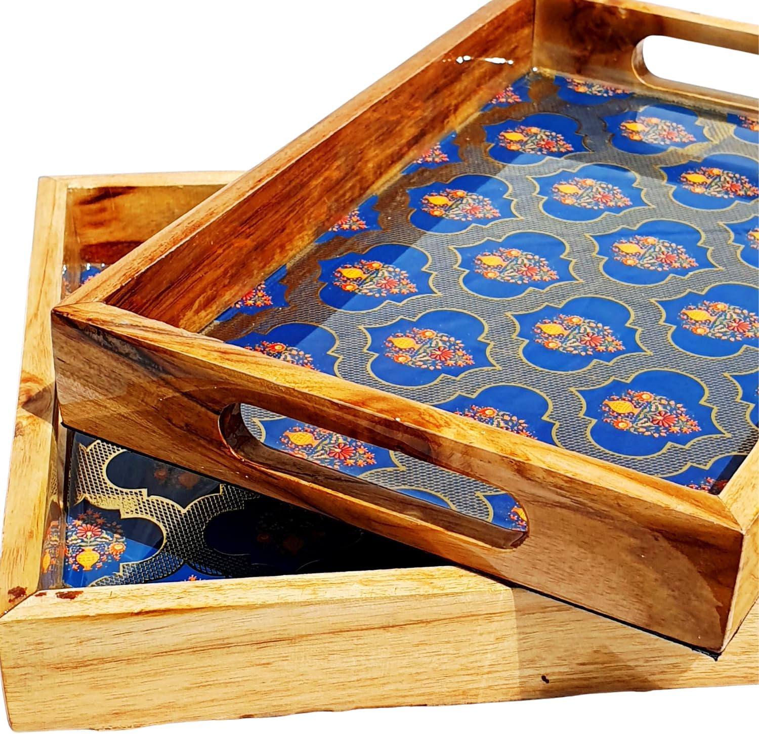 Handcrafted Teakwood Serving Tray Set of 2, Decorative Rectangular Trays with Handles, Breakfast in Bed, Coffee Table, Dinner, BBQ, Snacks, Appetizers, Lap Desk Tray for Couch - Blue