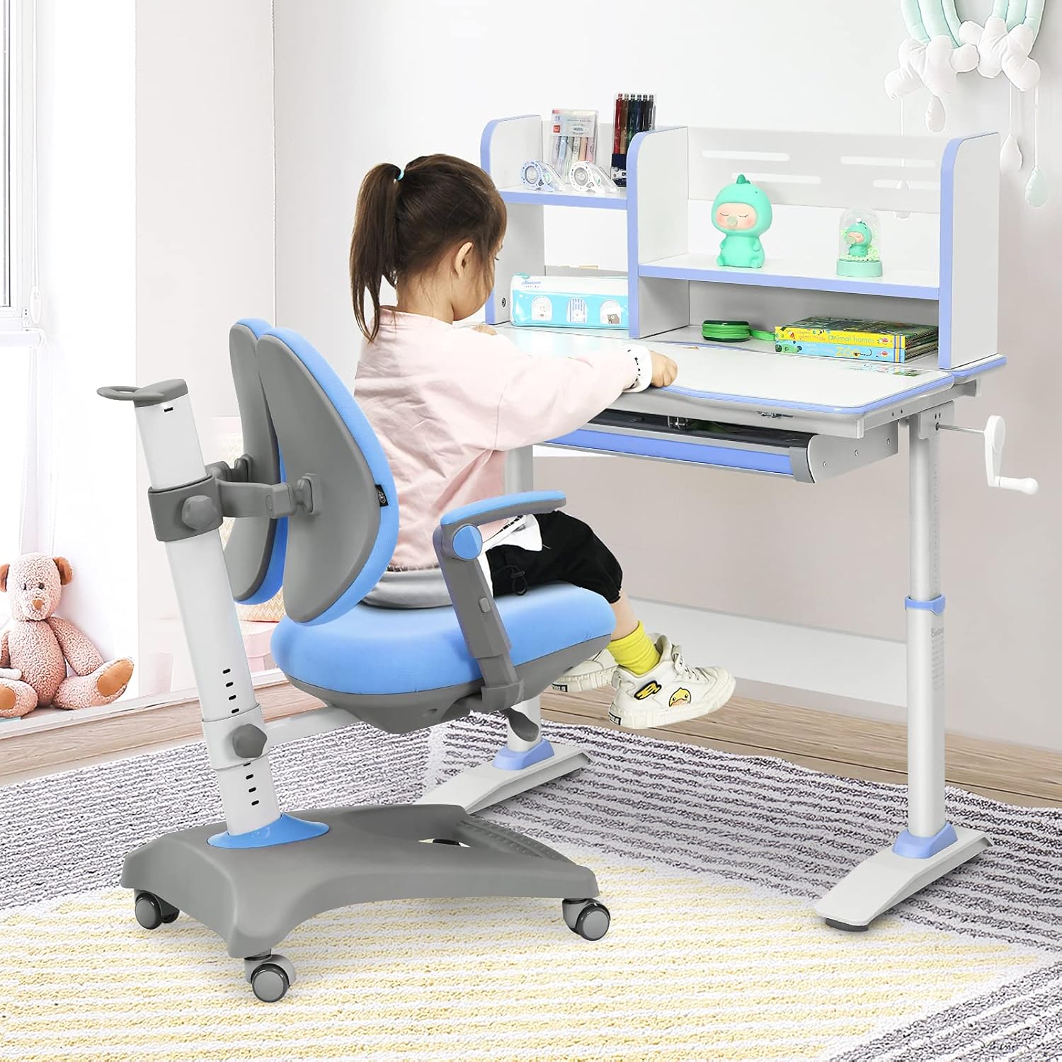 Costzon Kids Desk, Height Adjustable Children Study Desk w/Tilt Desktop, Storage Drawer, Book Shelf, Metal Hook, Writable Tabletop for Writing, Painting, Reading, Multifunctional Student Desk, Blue