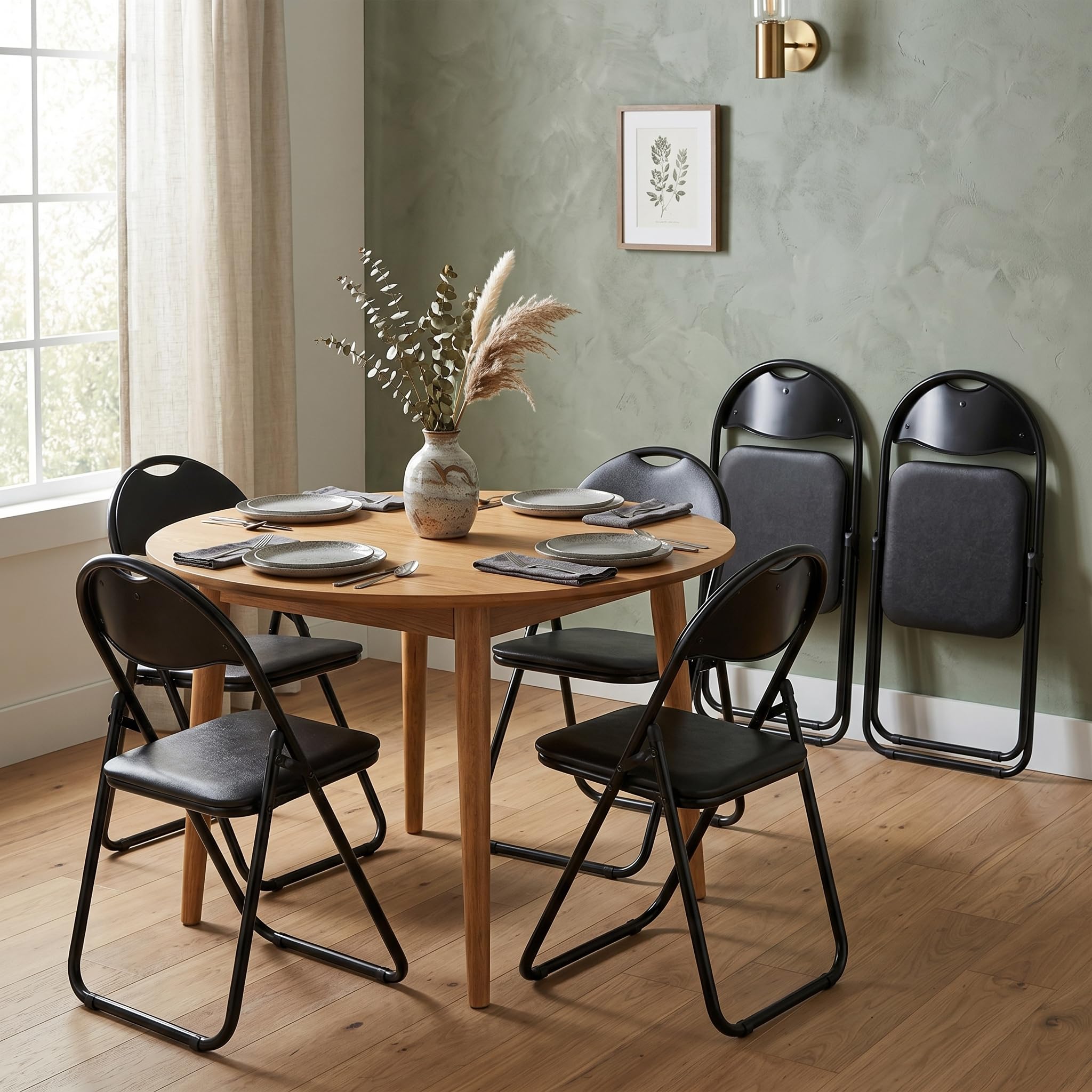 EGGREE Lot de 6 Chaises Pliantes Siège en PVC Souple Noir avec Cadre Métallique et Design de Poignée, Chaises de Camping Portables avec Capacité de Charge 120kg Idéales pour Intérieur/Extérieur