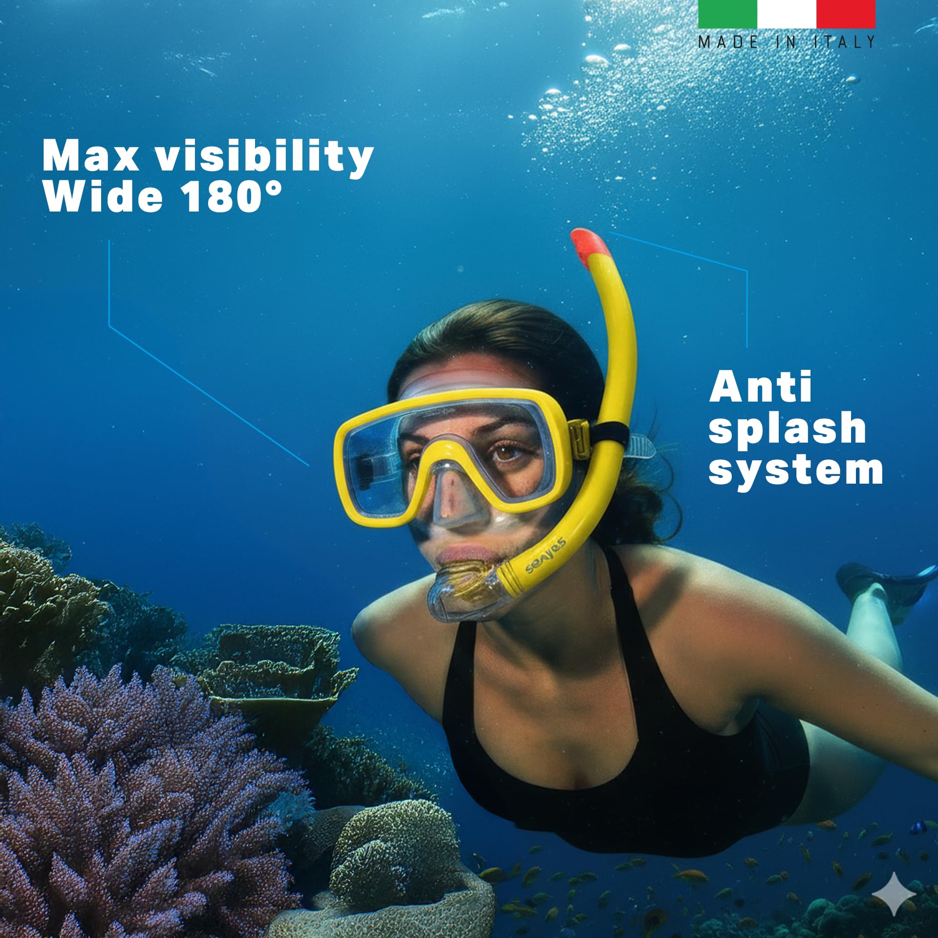Salvas Sub Ultimate Set Snorkeling L/XL - Maschera Snorkeling + Boccaglio Tubo Snorkel + Pinne Regolabili 42/47 + Boa di Segnalazione con Bandierina - Kit Snorkeling, Apnea ed Immersioni