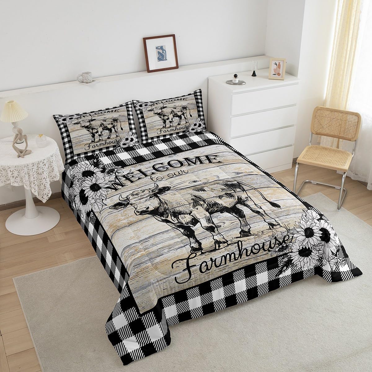 Erosebridal Cow Print Comforter Set Queen for Girls Boys Kids,Cattle Western Bedding Sets Farmhouse Bedroom Decor,Rustic Country Flowers Comforter Set Retro Black White Checkered Quilt Bed Set 3Pcs