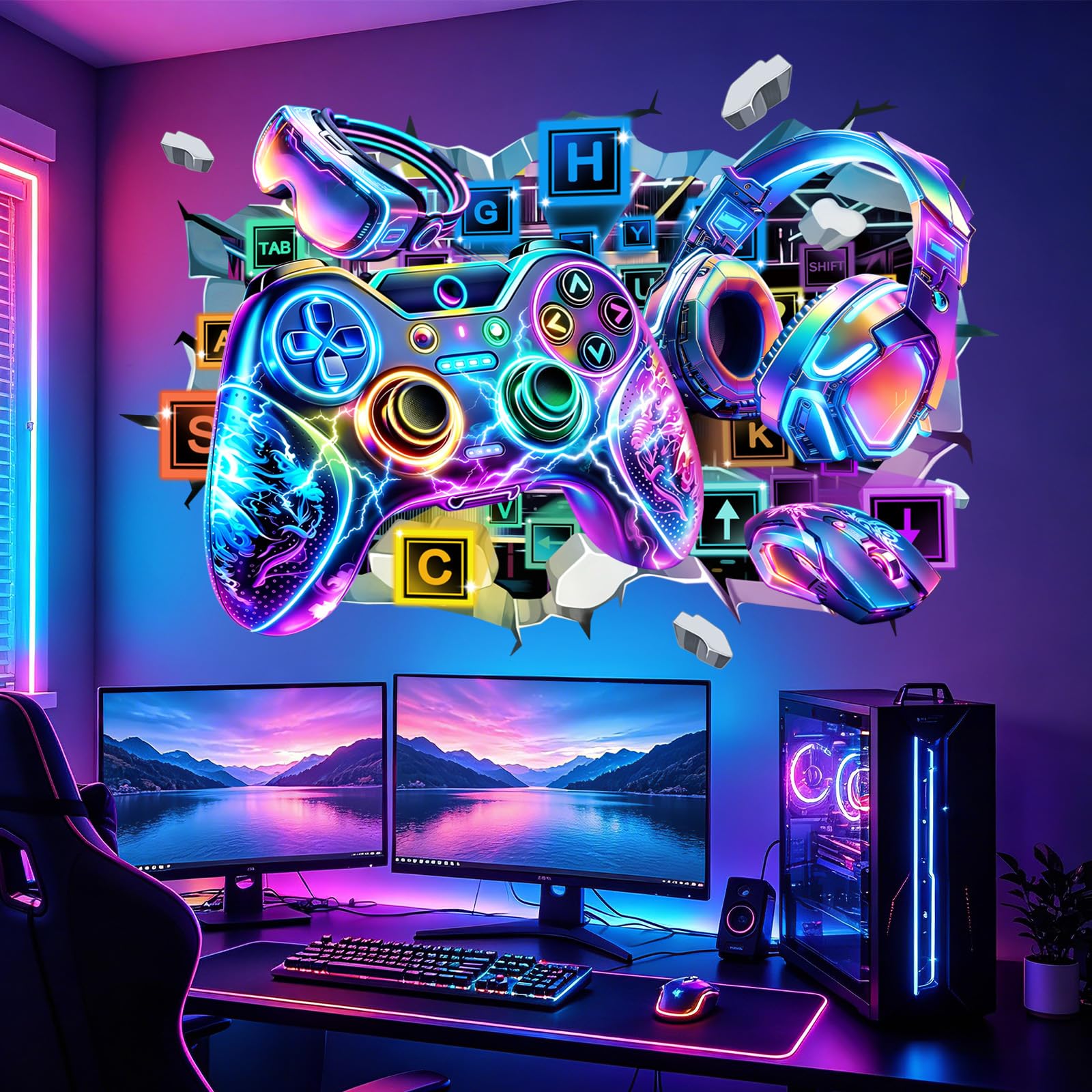 wondever Large 3D Game Wall Stickers Video Gaming Gamer Controller Keyboard Peel and Stick Wall Art Decals for Boys Bedroom Kids Room Playroom