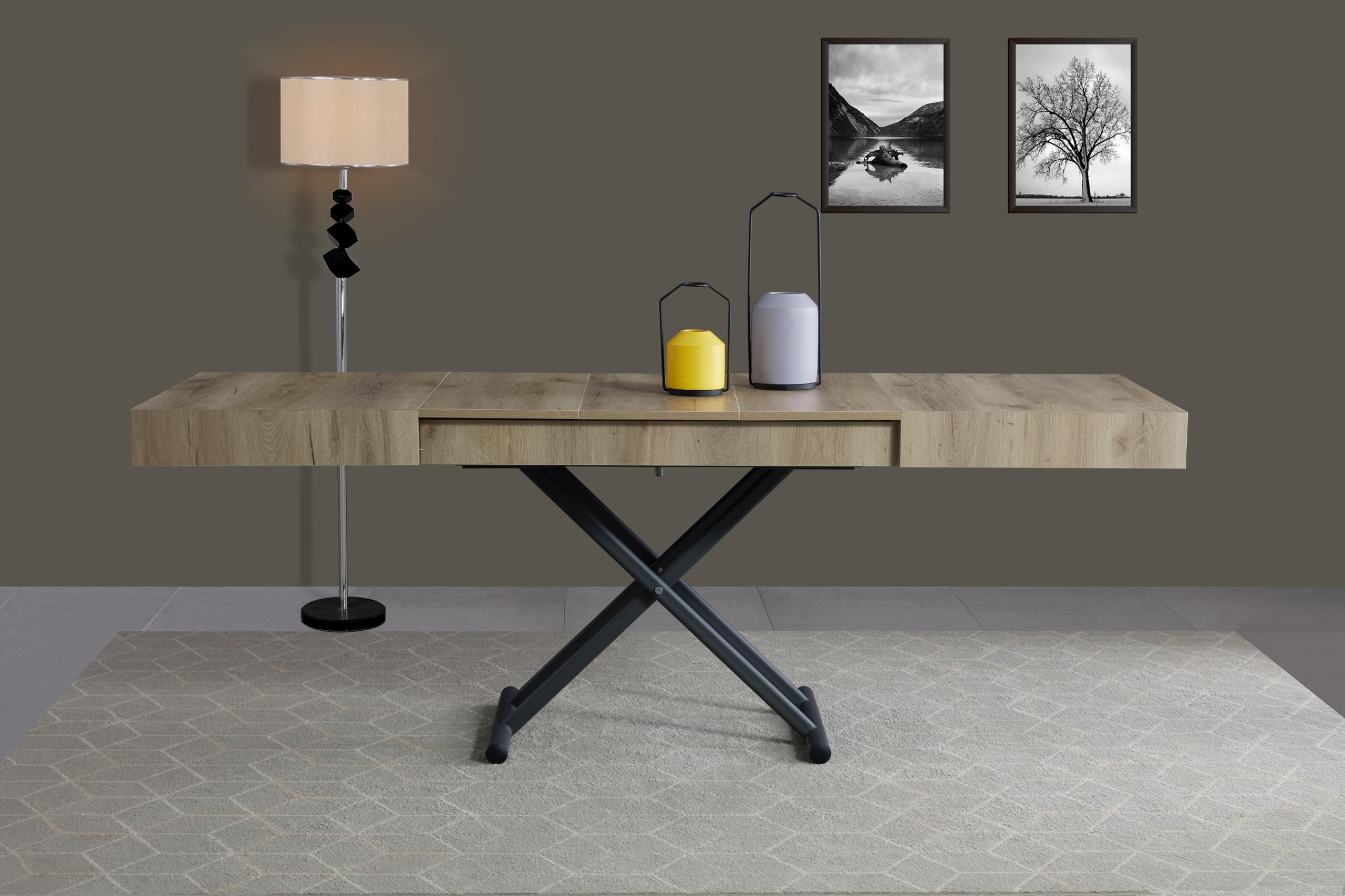 VOLERO' ; Table Lift-top Coffee to Dining Table,Transformable Space-Saving Table, Achille Large Model, Sliding Mechanism with Millimeter Height Adjustment (oak bay)