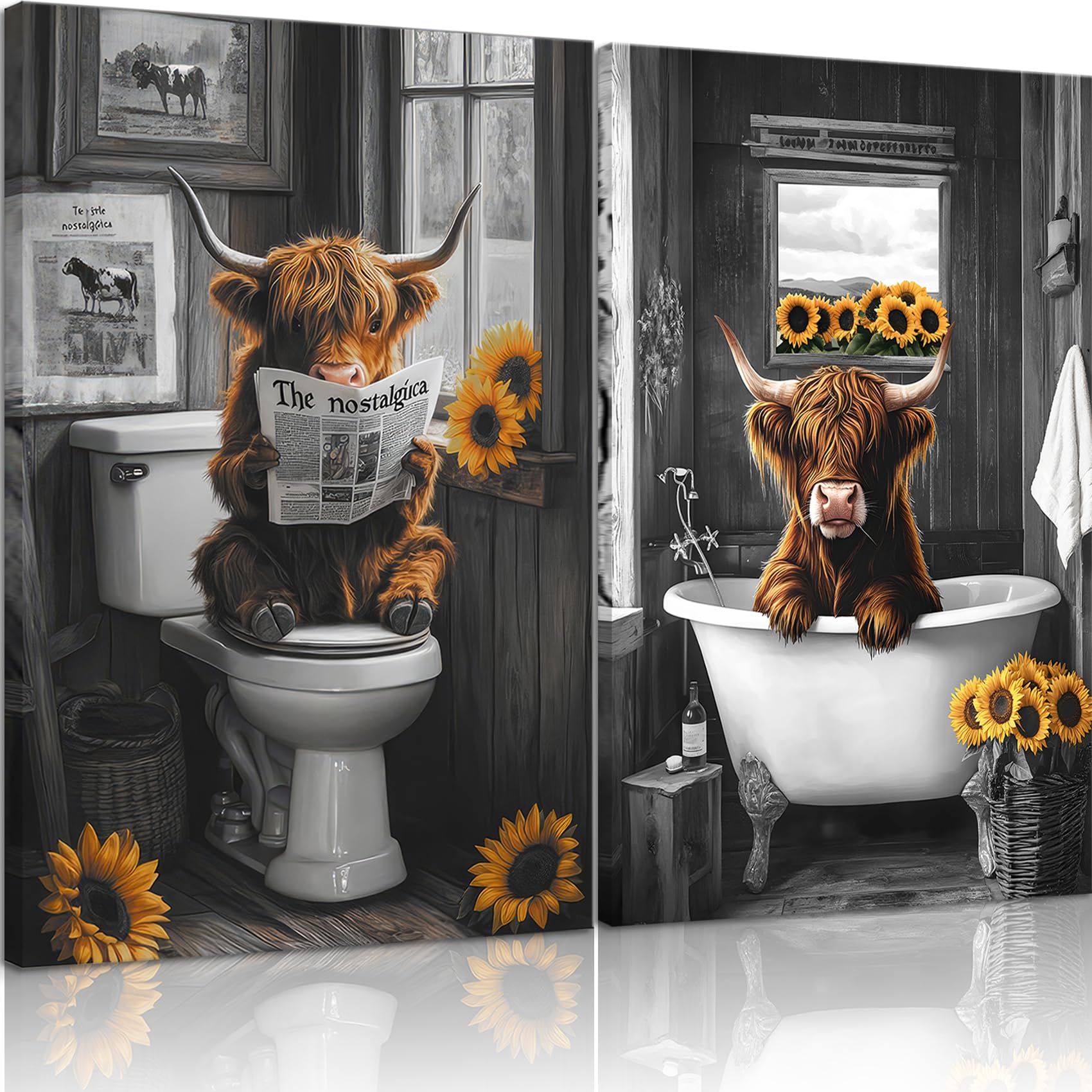 2Pcs Highland Cow Bathroom Wall Art Black and White Funny Cute Cow Animal Canvas Wall Decor Paintings Pictures Vintage Rustic Farmhouse Posters Prints Artwork for Bathroom Restroom 12x16In Canvas