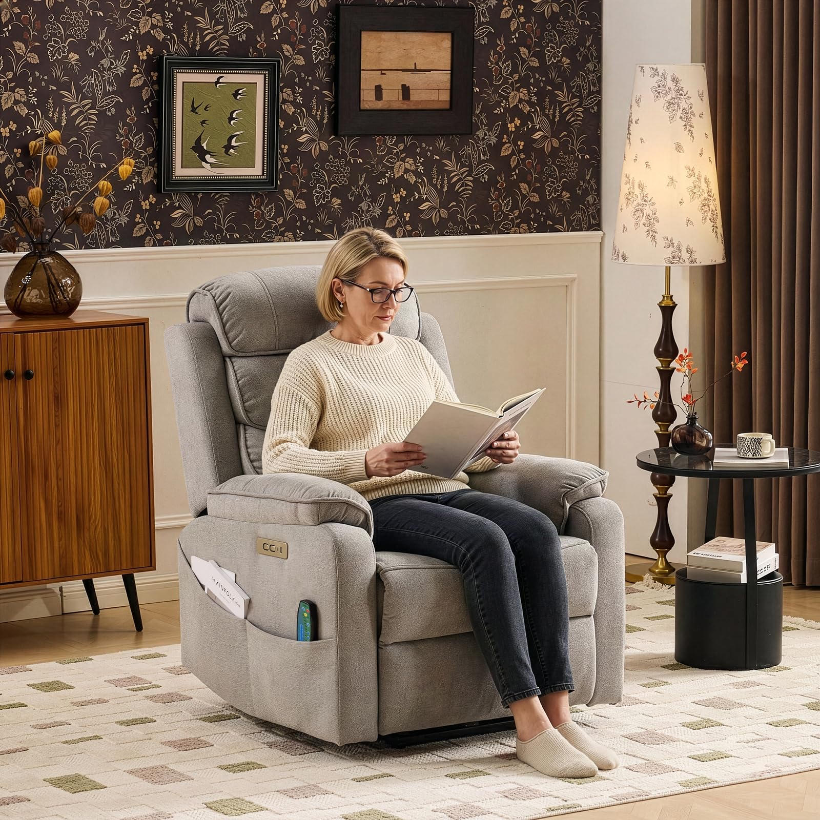 LEADZM Fernsehsessel Relaxsessel mit drahtloser Ladevorrichtung, 1 USB-Anschluss, 1 USB-C-Ladeanschluss, Liegen TV Sessel mit Heizung, Vibrationsmassage, Seitentaschen, Getränkehalter (Hellgrau)