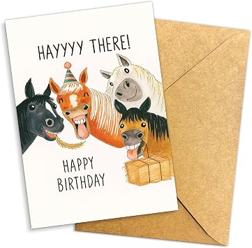 Hayyy There! Happy Birthday Funny Horse Birthday Card with Cute Horses Illustration Humorous Greeting Card for Horse Lovers, Friends, and Family - Envelope Included - 8x5.3 Inch